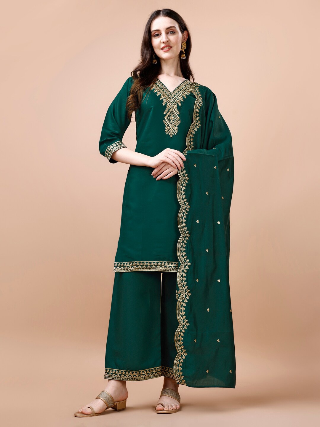 

KALINI Embroidered V Neck Kurta with Palazzos & With Dupatta, Green