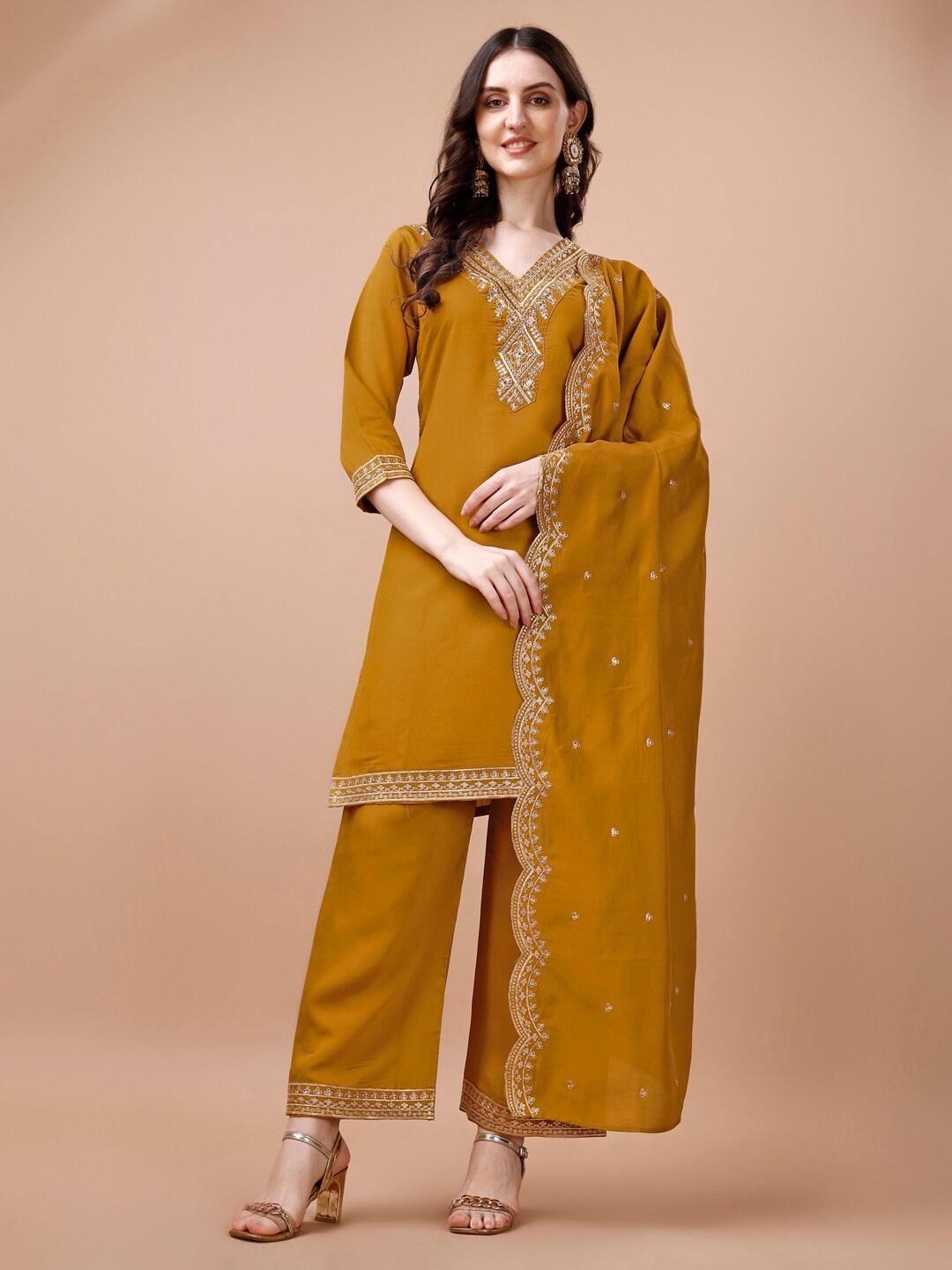 

KALINI Embroidered V Neck Three-Quarter Sleeves Kurta with Palazzos & With Dupatta, Yellow