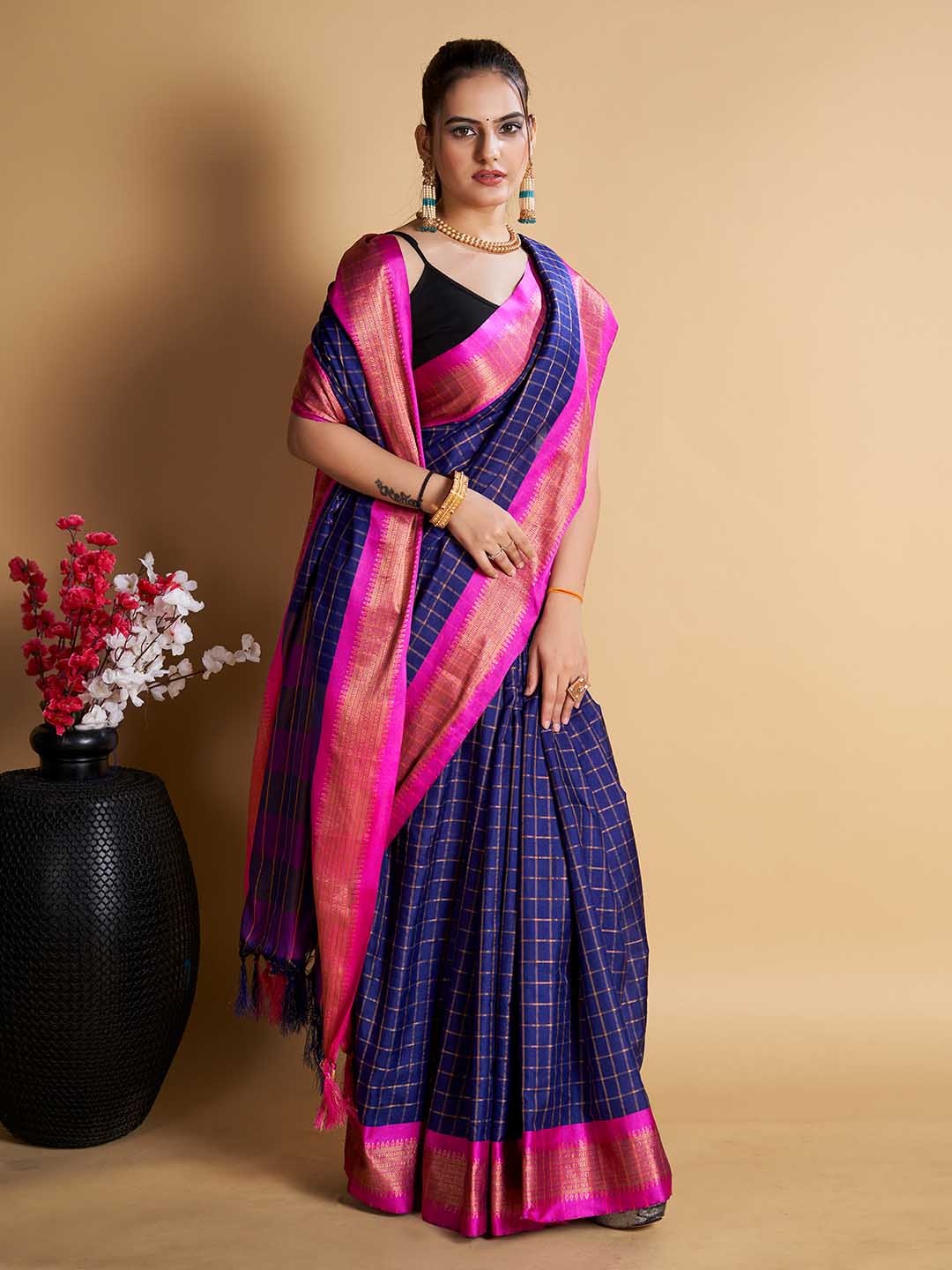 

SIRIL Blue Checked Silk Cotton Fusion Saree, Navy blue