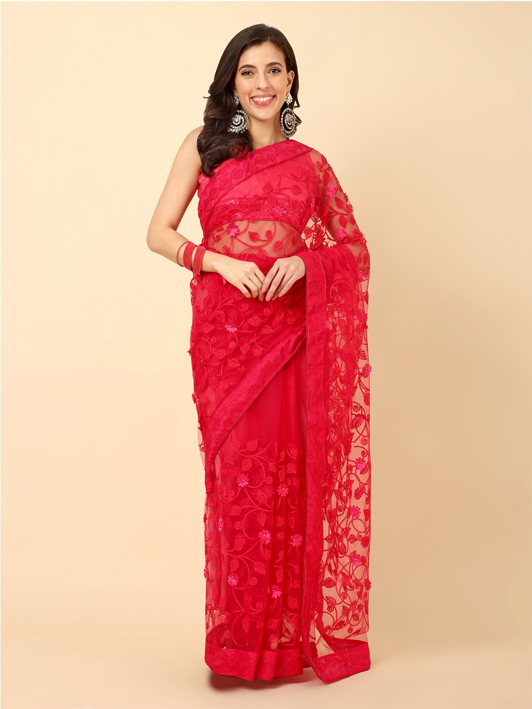 

Civamee Embroidered Net Designer Saree, Pink