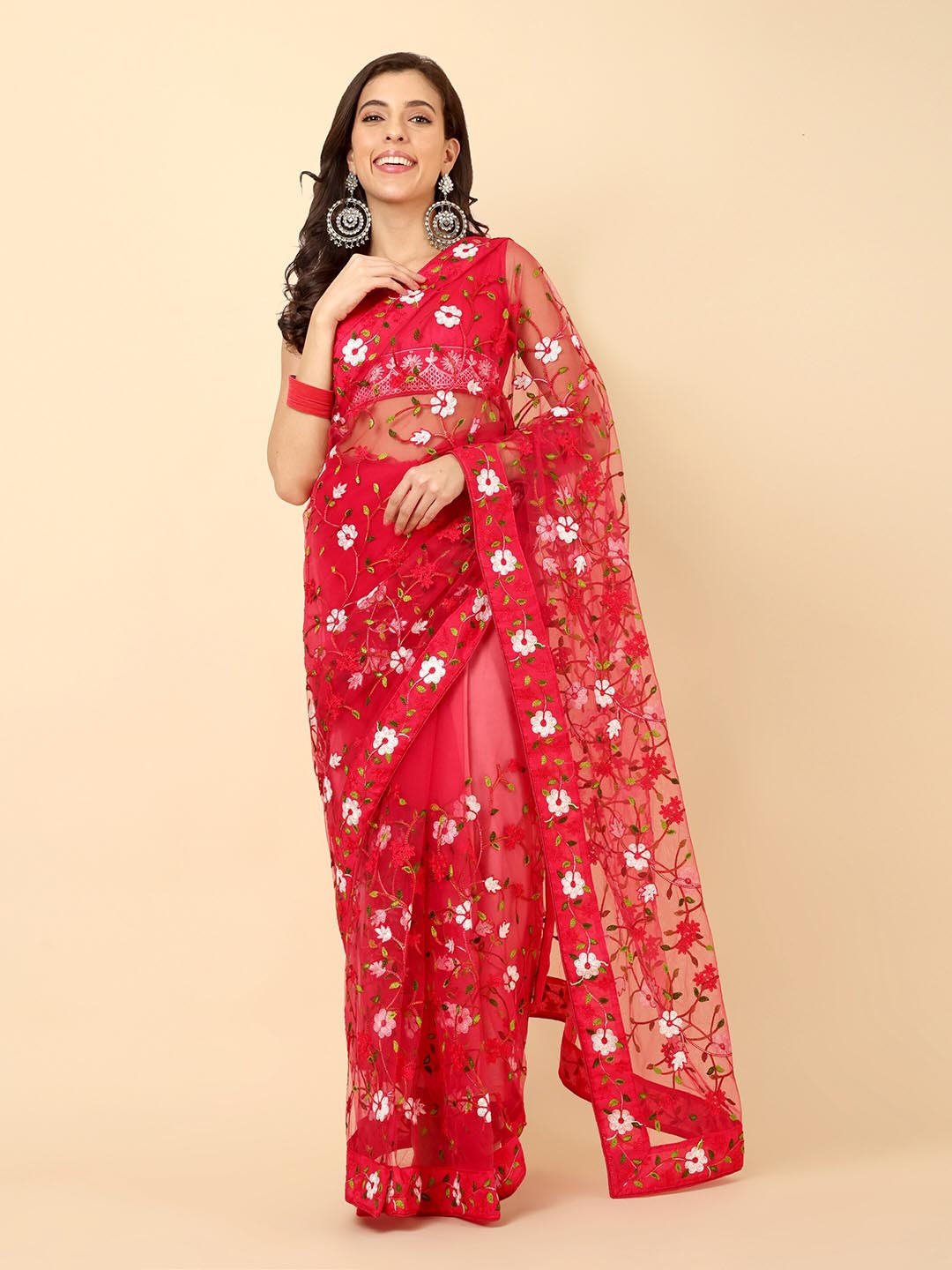 

Civamee Embroidered Net Designer Saree, Pink