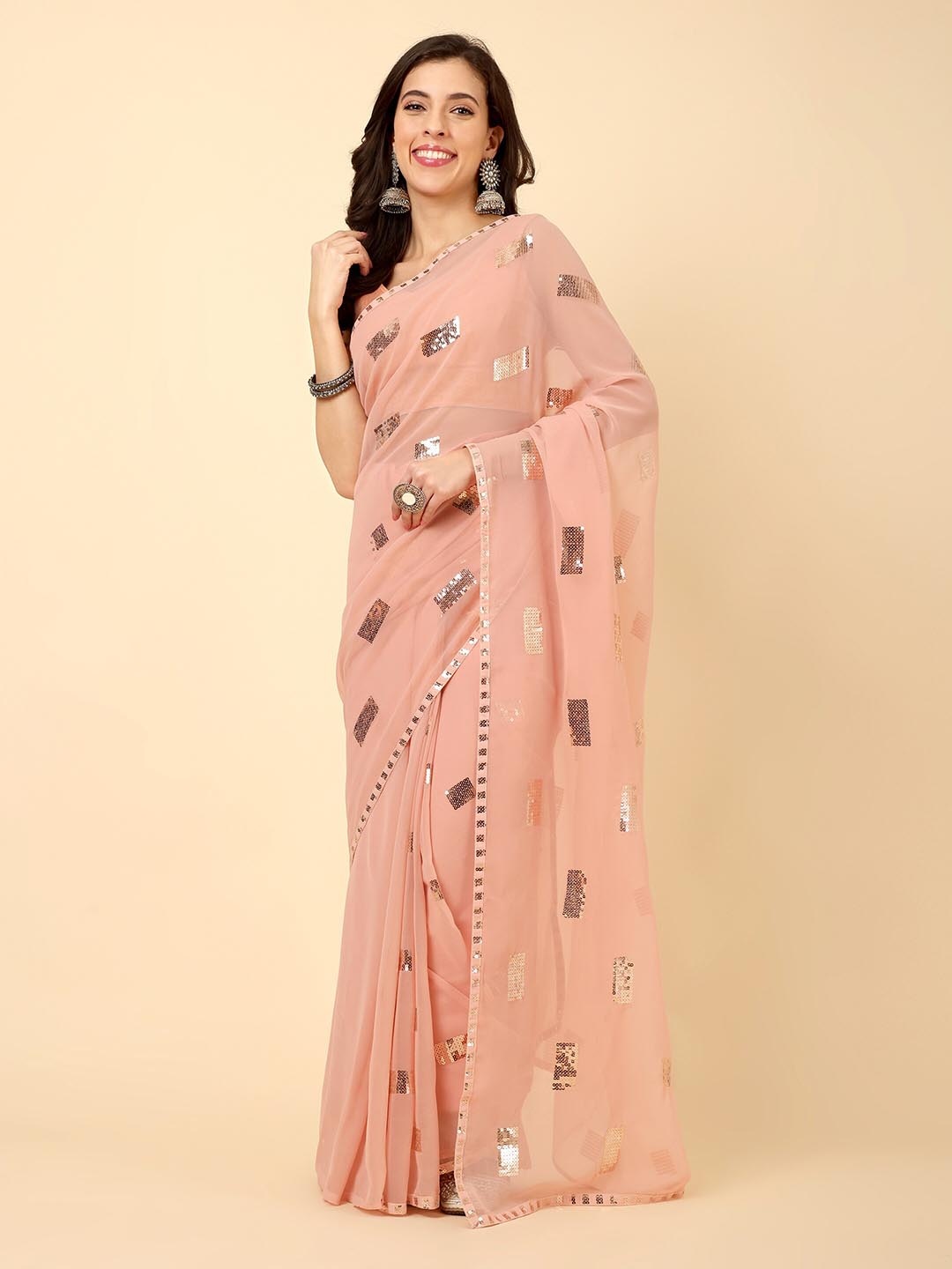 Civamee Embellished Sequinned Georgette Designer Saree, Peach