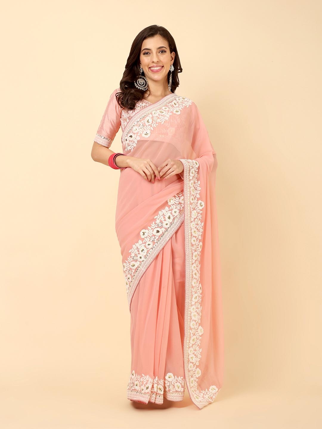 

Civamee Embroidered Georgette Designer Saree, Peach