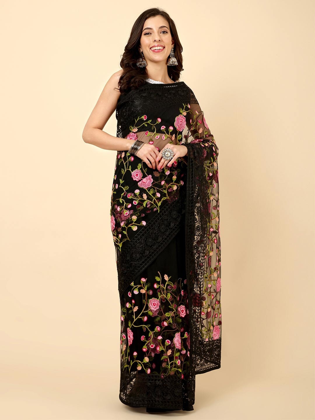 

Civamee Embroidered Net Designer Saree, Black