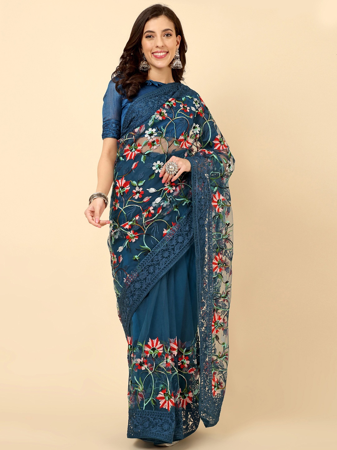 

Civamee Embroidered Net Designer Saree, Teal