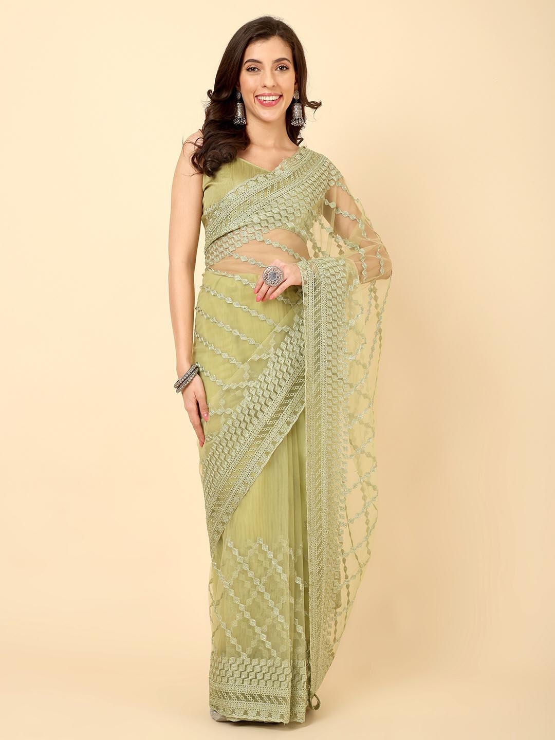 

Civamee Embroidered Net Designer Saree, Olive