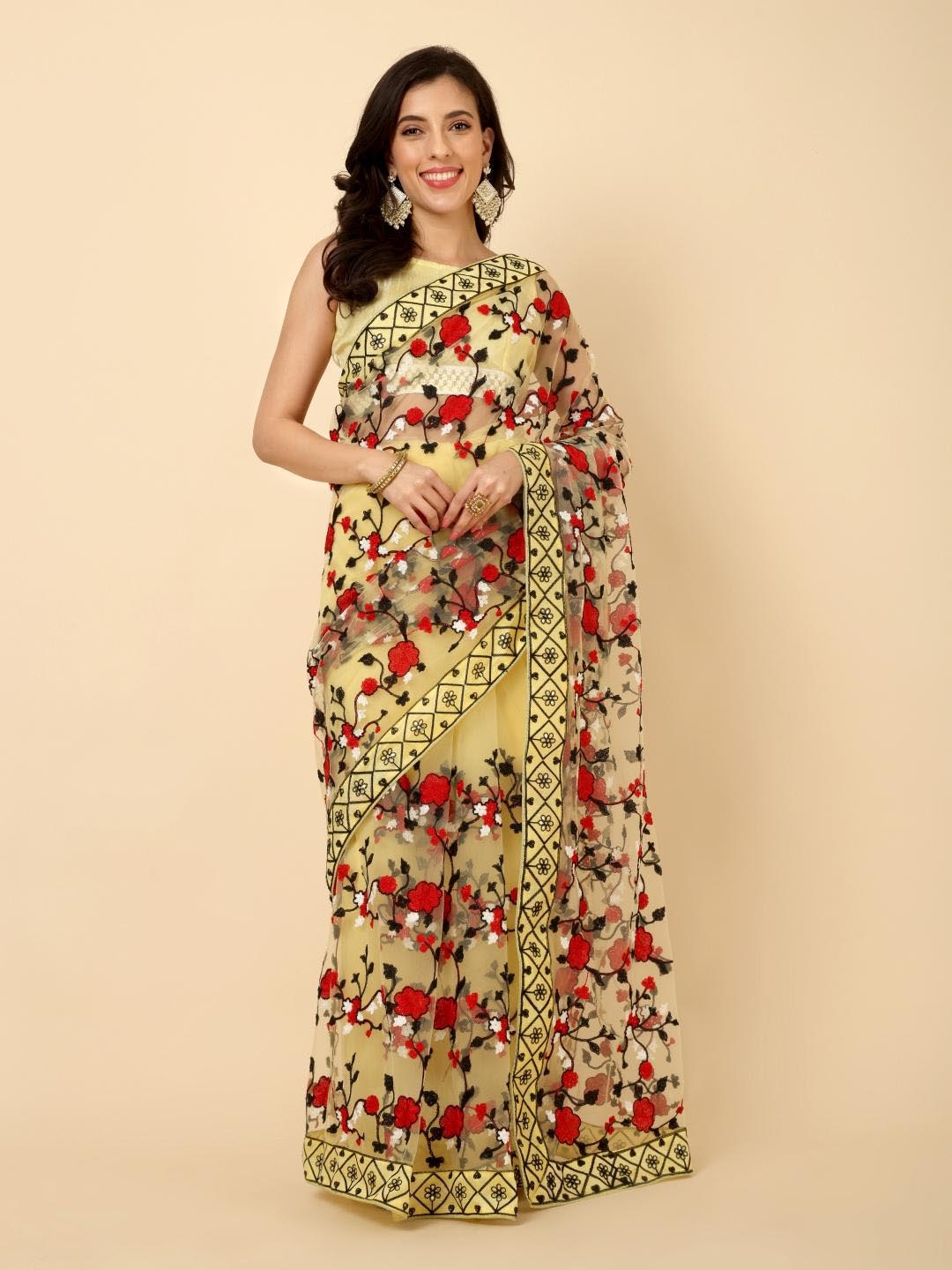 

Civamee Embroidered Net Designer Saree, Mustard