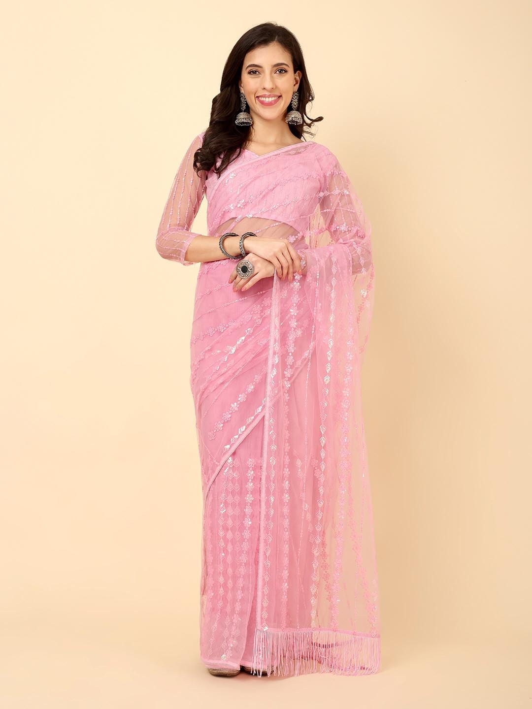 

Civamee Embroidered Net Designer Saree, Pink