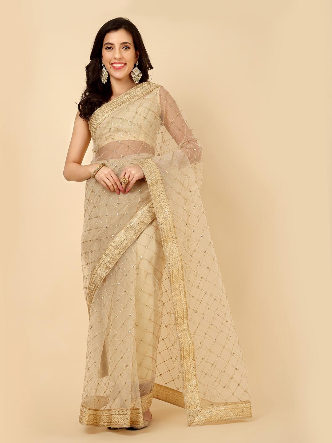 

Civamee Embroidered Net Designer Saree, Cream