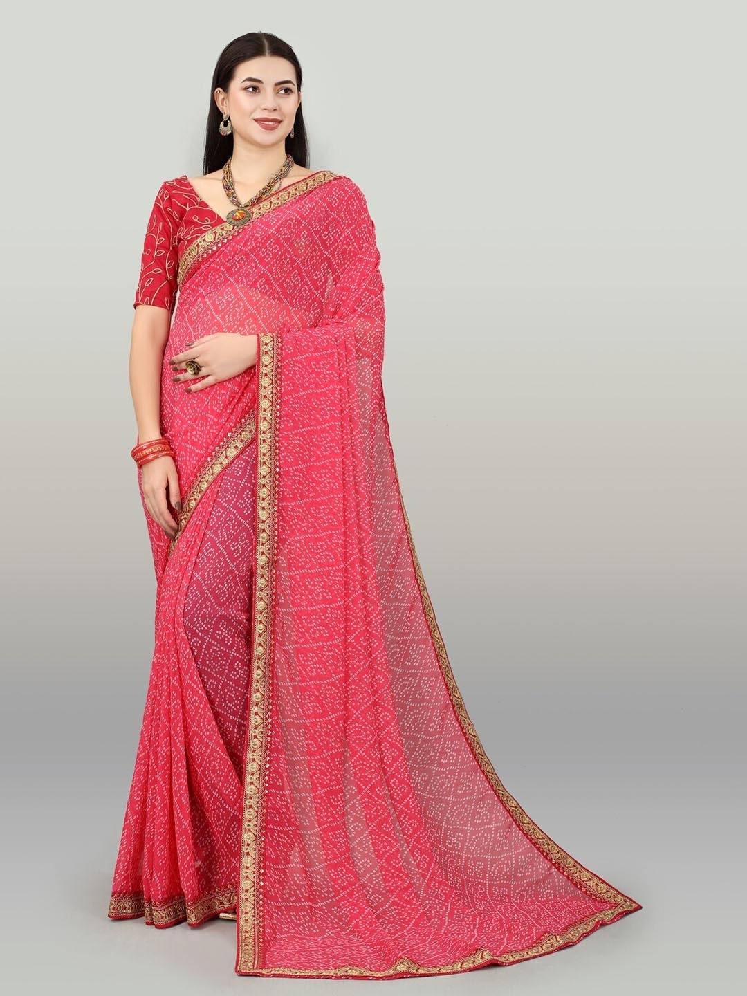

Thishma Embroidered Bandhani Printed Saree, Pink