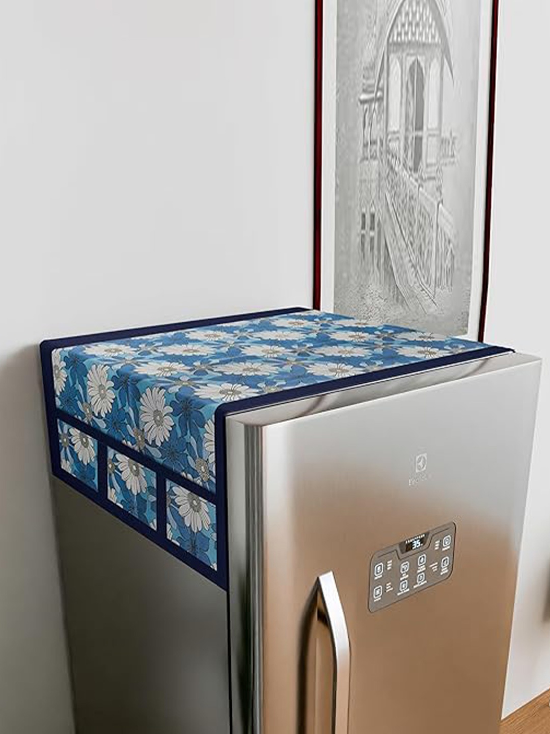 

Dakshya Industries 3 Pieces Blue Printed Fridge Top Cover With Handle Covers