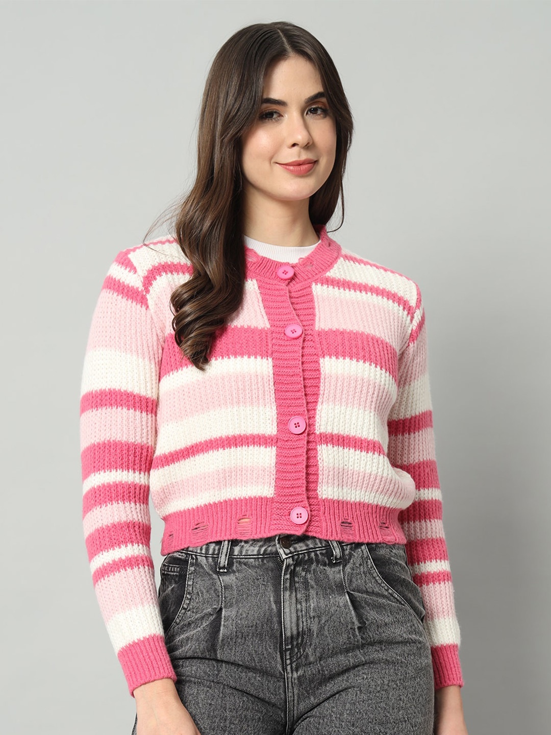 

BROOWL Striped Woollen Cardigan, Pink