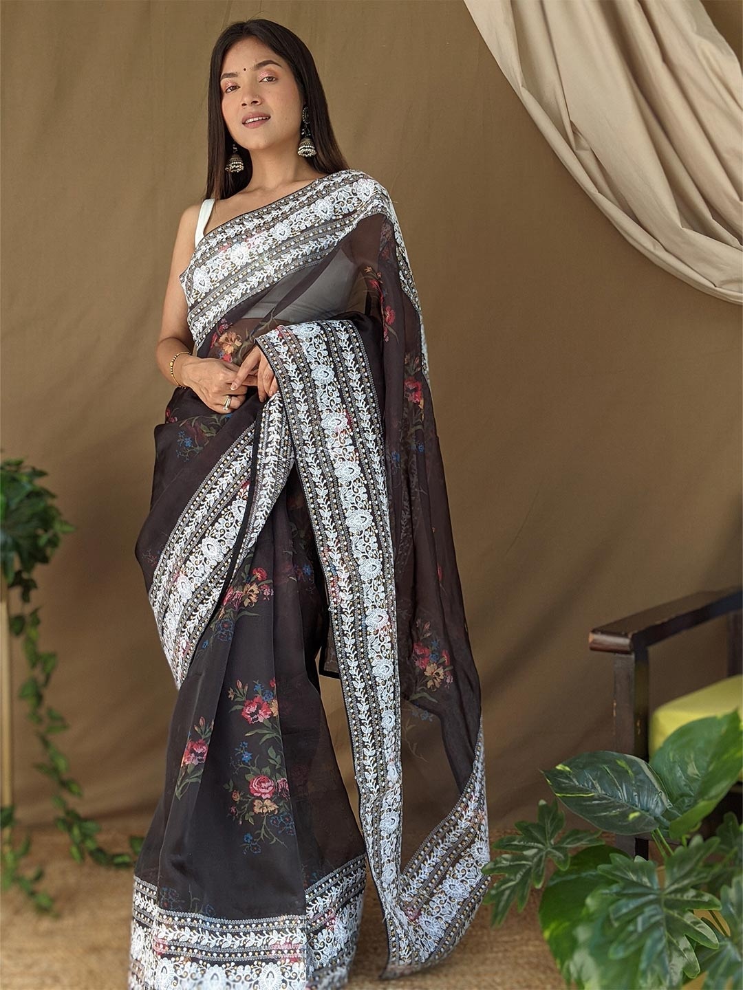 

Mitera Navy Blue Floral Printed Gotta Patti Embellished Organza Saree