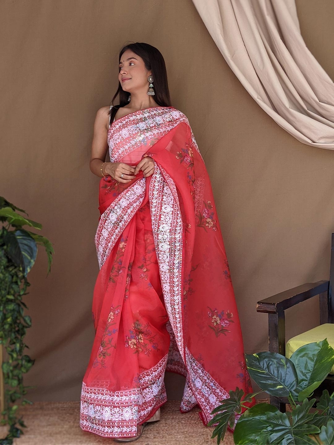 

Mitera Red Floral Printed Gotta Patti Embellished Organza Saree