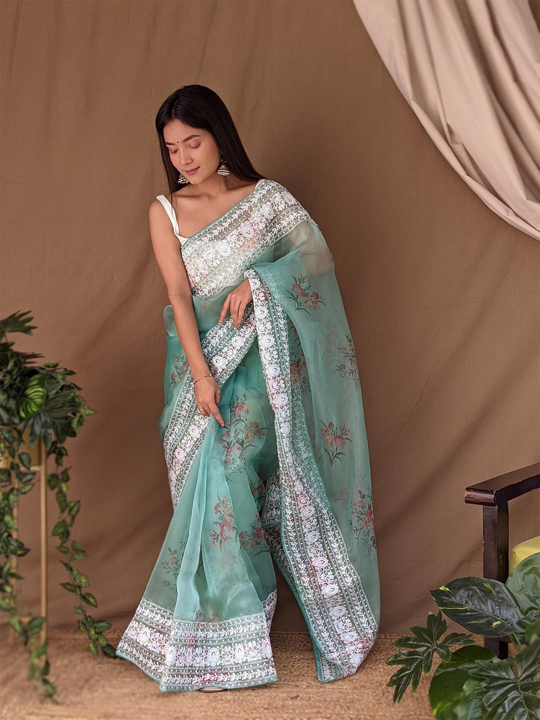

Mitera Blue Floral Printed Gotta Patti Embellished Saree