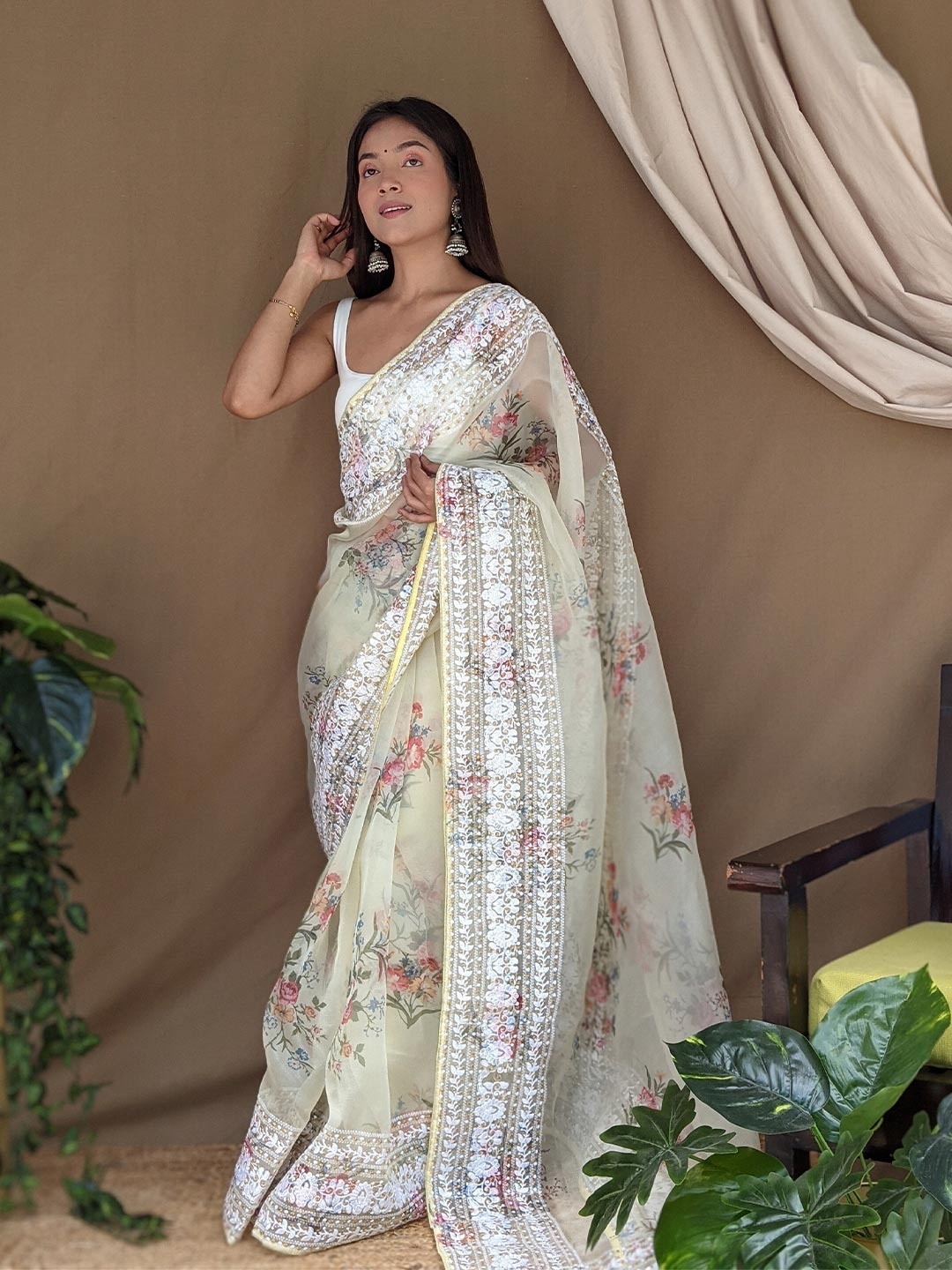 

Mitera Yellow Floral Printed Gotta Patti Embellished Organza Saree