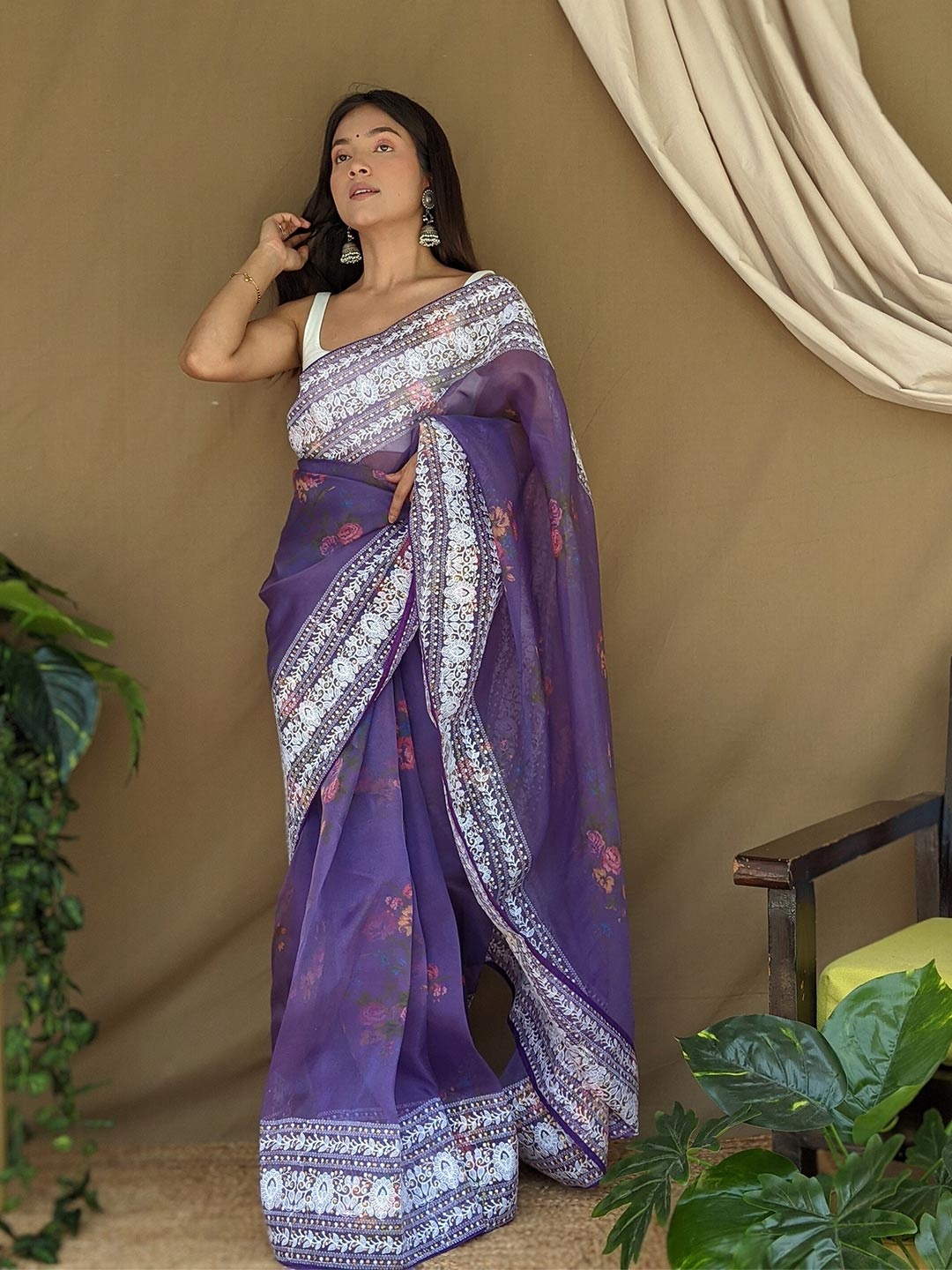 

Mitera Purple Floral Printed Gotta Patti Embellished Organza Saree