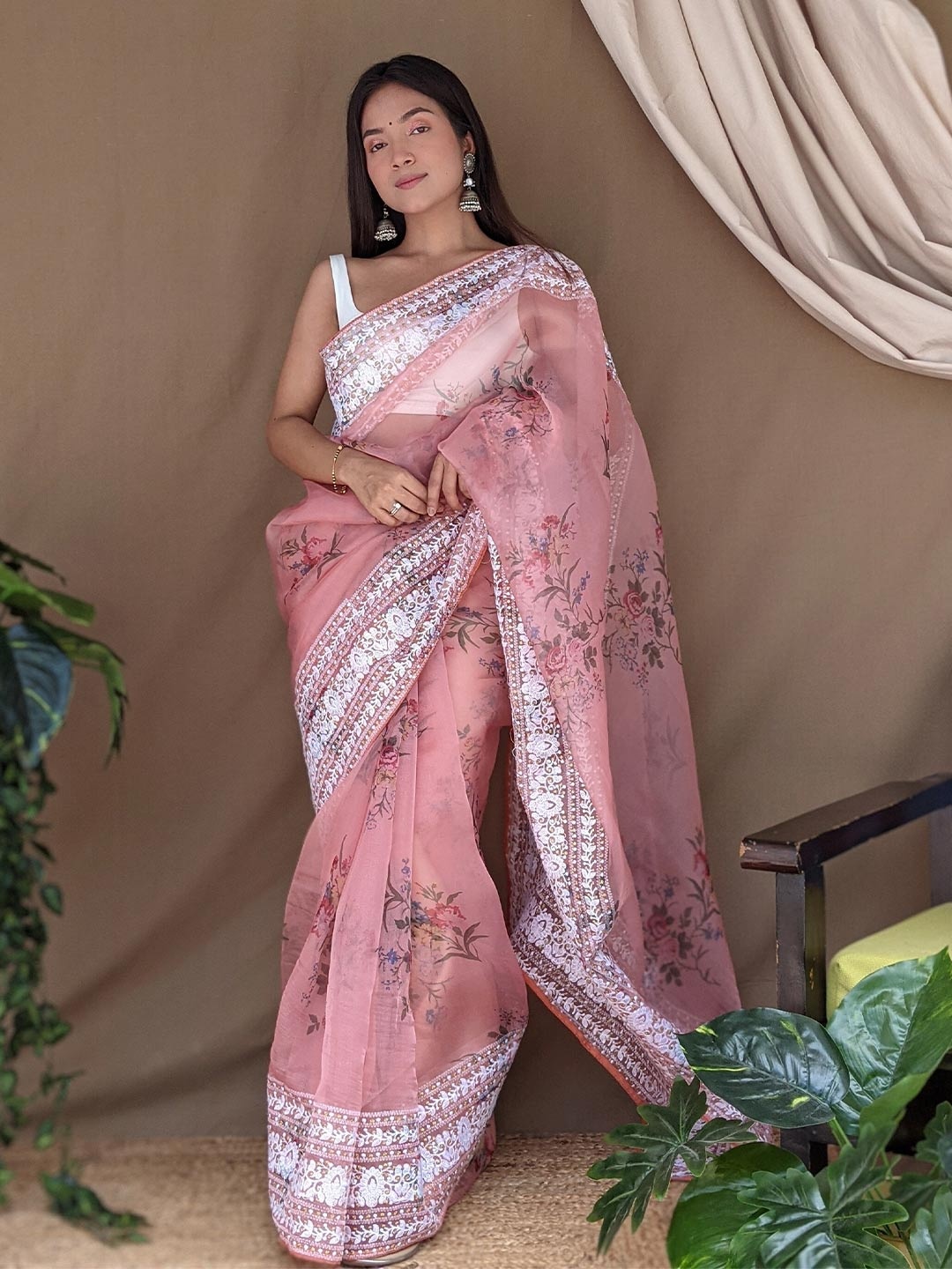 

Mitera Peach Floral Printed Gotta Patti Embellished Organza Saree