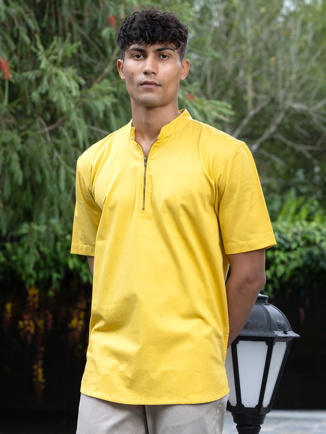 

Wellbi Comfort Slim Fit Mandarin Collar Half Zipper Pure Cotton Casual Shirt, Yellow