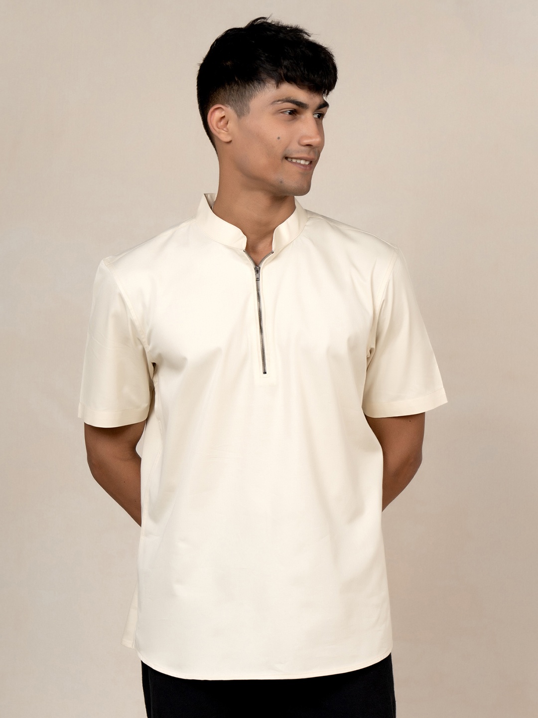 

Wellbi Comfort Slim Fit Mandarin Collar Half Zipper Pure Cotton Casual Shirt, Cream