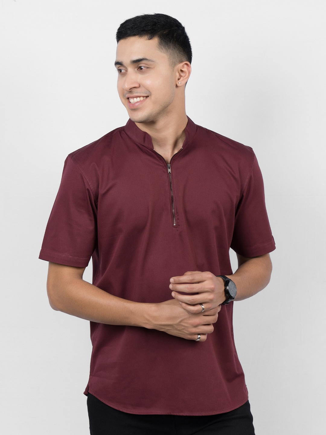 

Wellbi Comfort Slim Fit Mandarin Collar Half Zipper Pure Cotton Casual Shirt, Burgundy