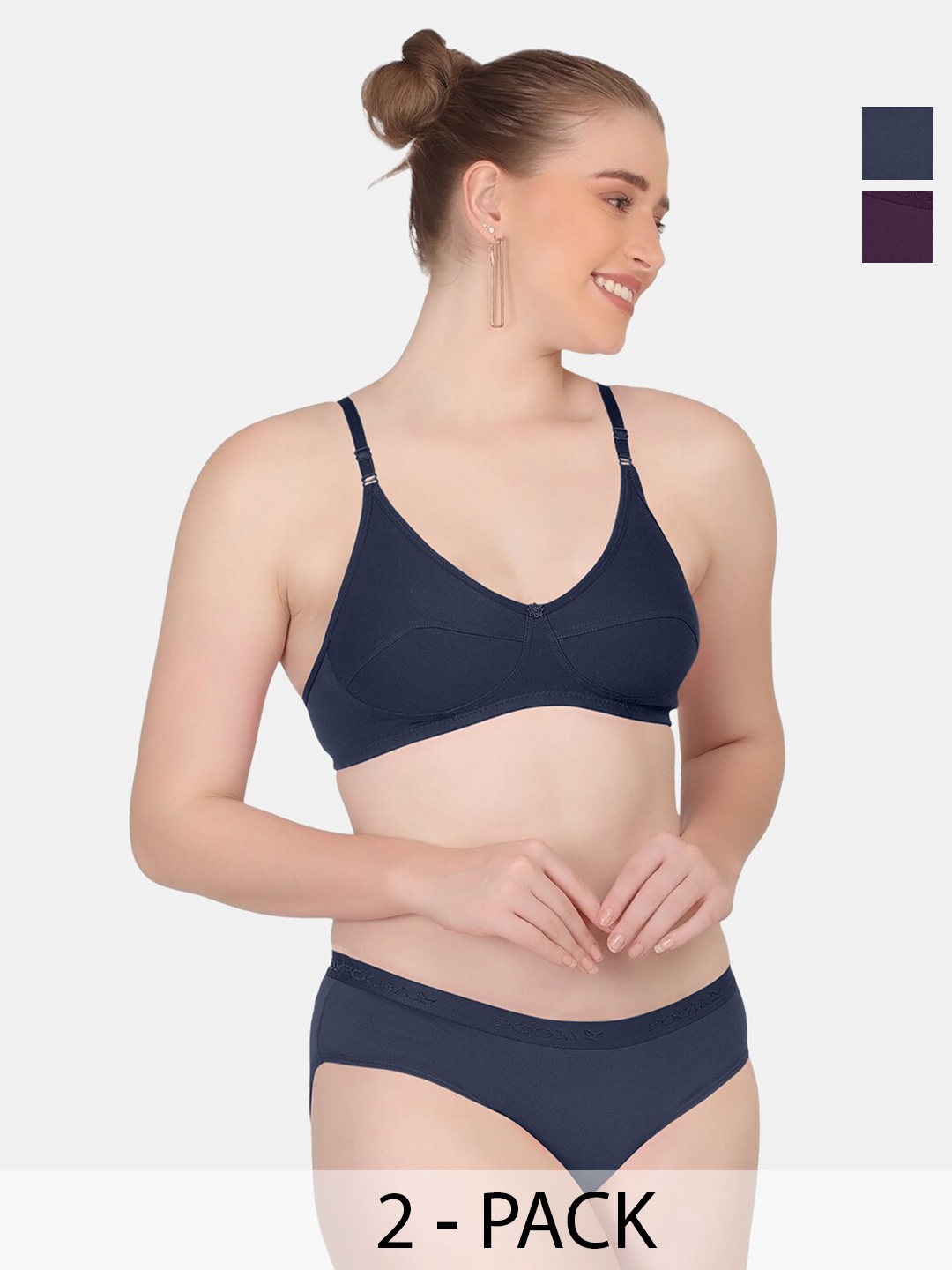 

POOJA RAGENEE Pack Of 2 Breathable & Comfortable Cotton Lingerie Set, Navy blue