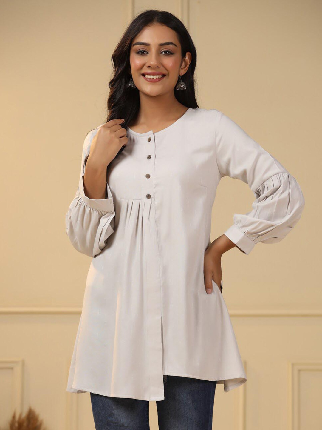 

Sangria Round Neck Long Sleeves Regular Straight Above Knee Kurti, Cream