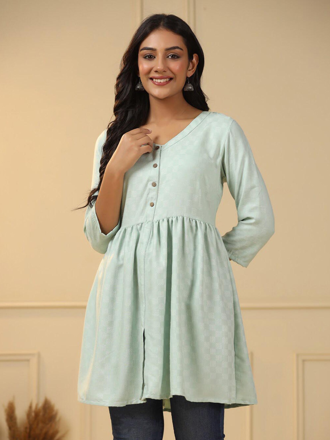 

Sangria Ethnic Motifs V-Neck Pleated Straight Above Knee Kurti, Green