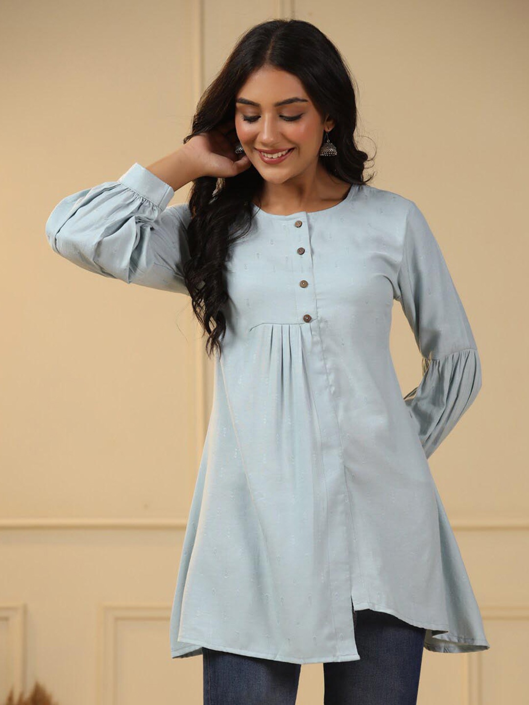 

Sangria Self-Design Ethnic Motifs Round Neck Long Sleeves Asymmetric Kurti, Blue