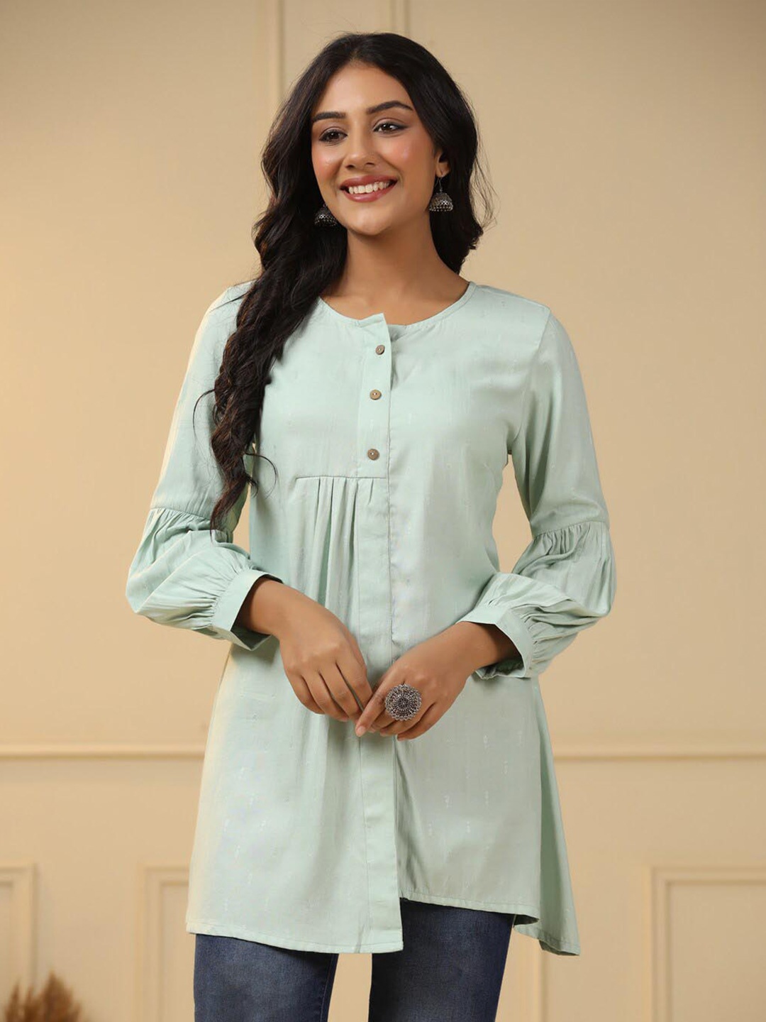 

Sangria Self-Design Ethnic Motifs Round Neck Long Sleeves Asymmetric Kurti, Green
