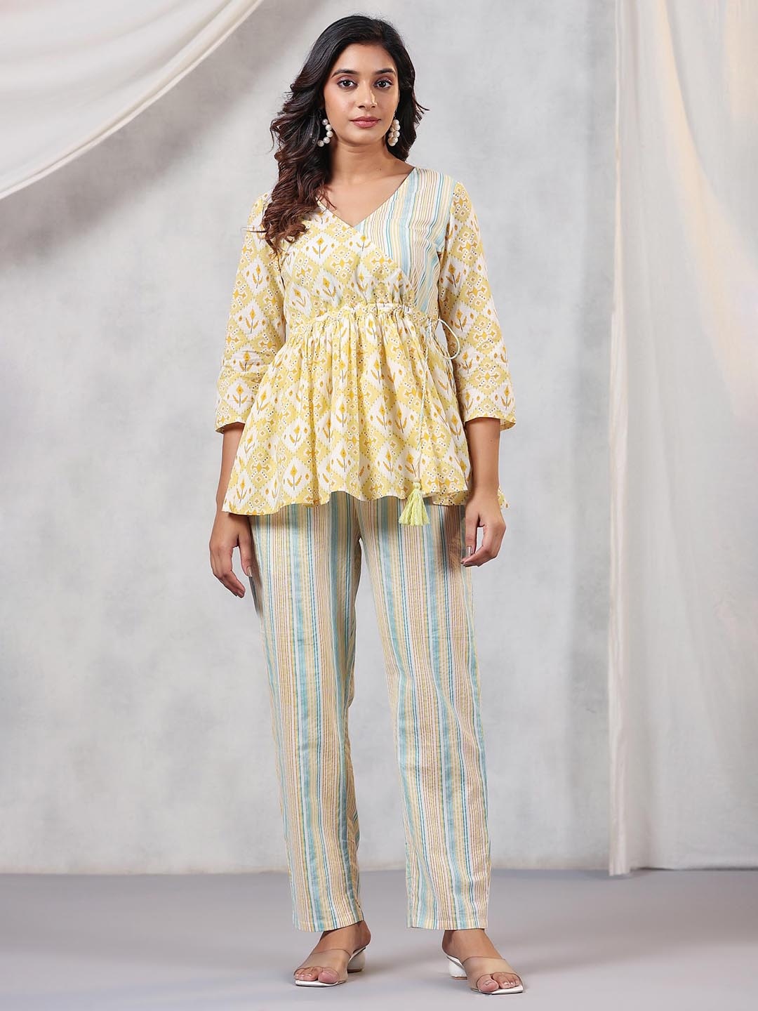 

Amirah s Floral Printed Pure Cotton Wrap Peplum Top With Trousers Co-Ords, Yellow