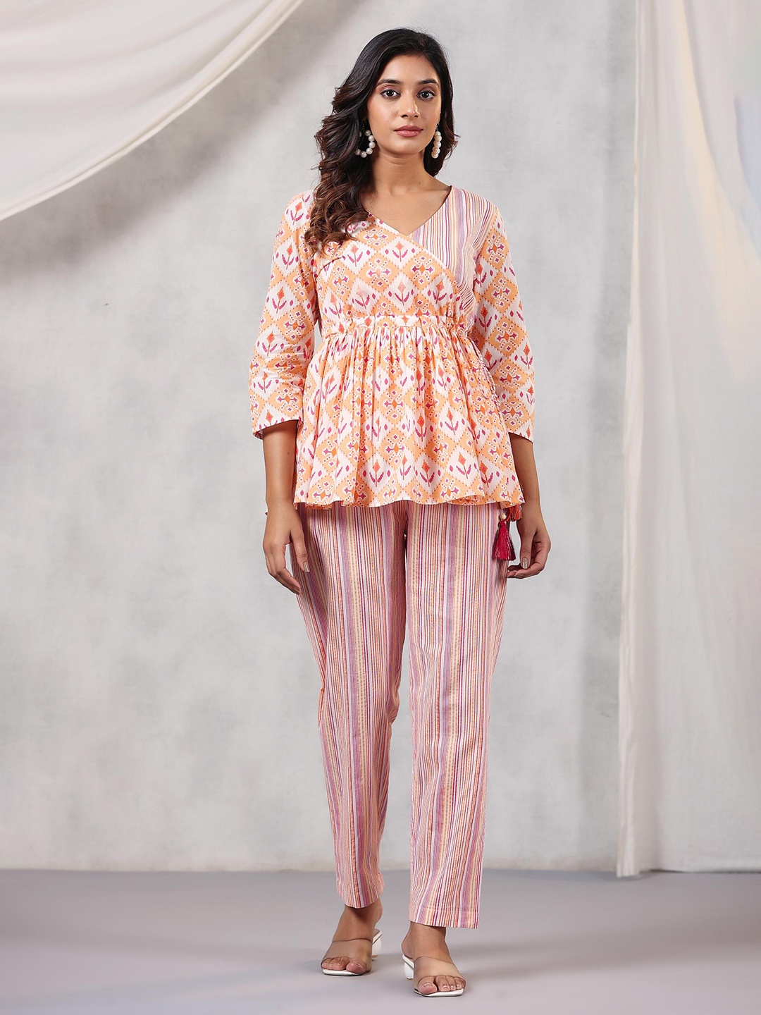 

Amirah s Floral Printed Pure Cotton Wrap Peplum Top With Trousers Co-Ords, Peach