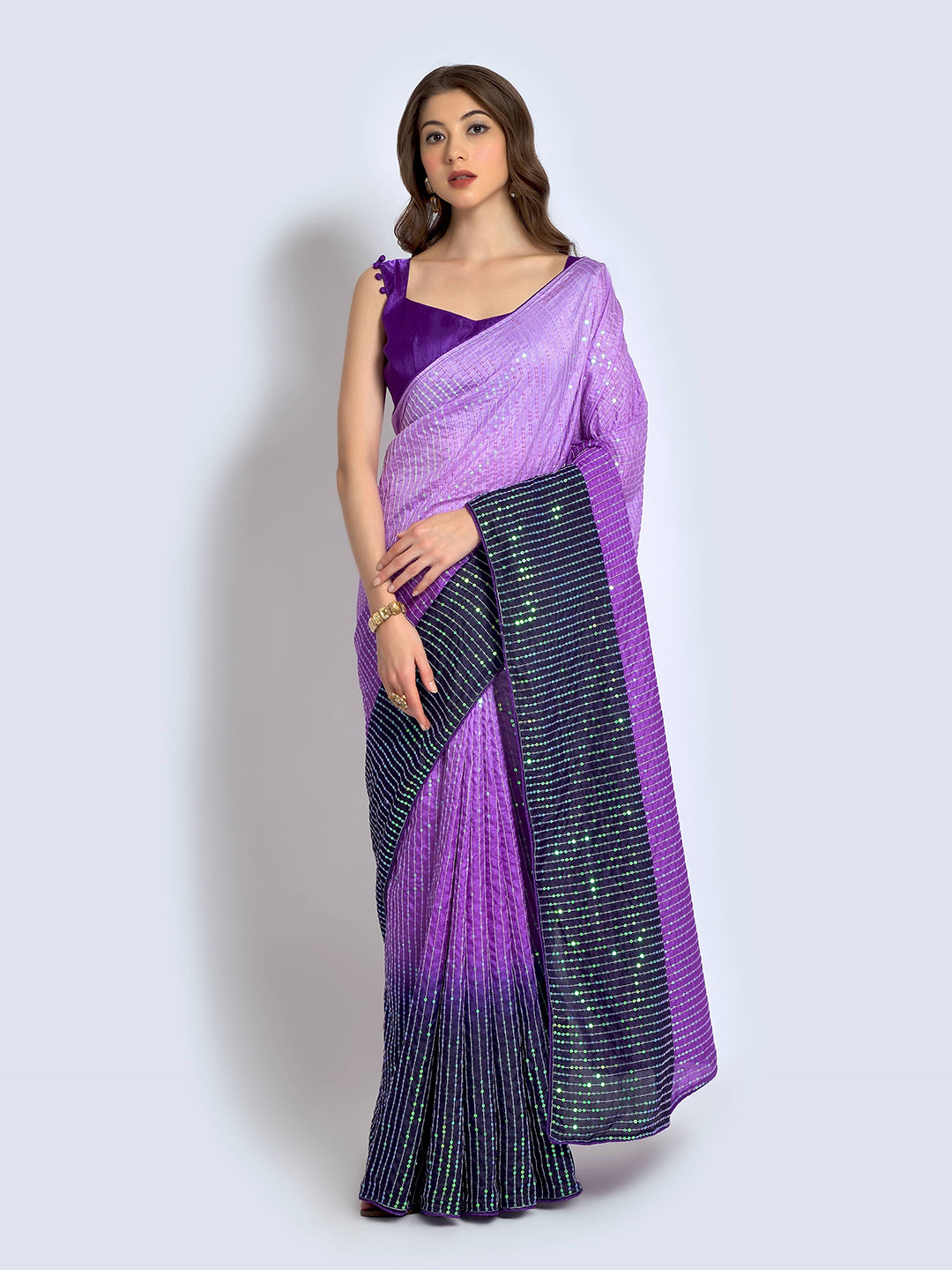 

Thishma Striped Sequinned Art Silk Saree, Purple