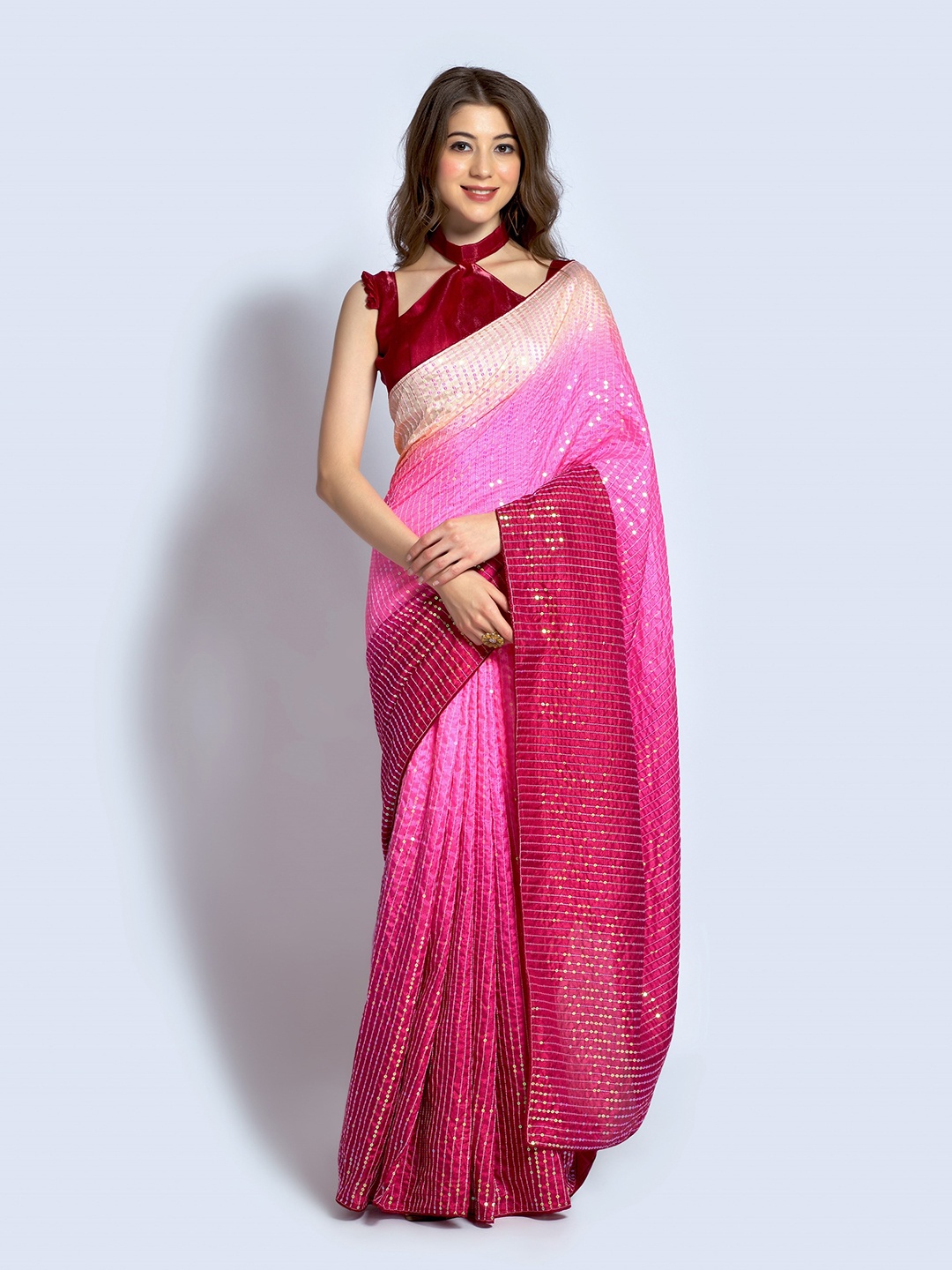 

Thishma Leheriya Sequinned Art Silk Saree, Pink