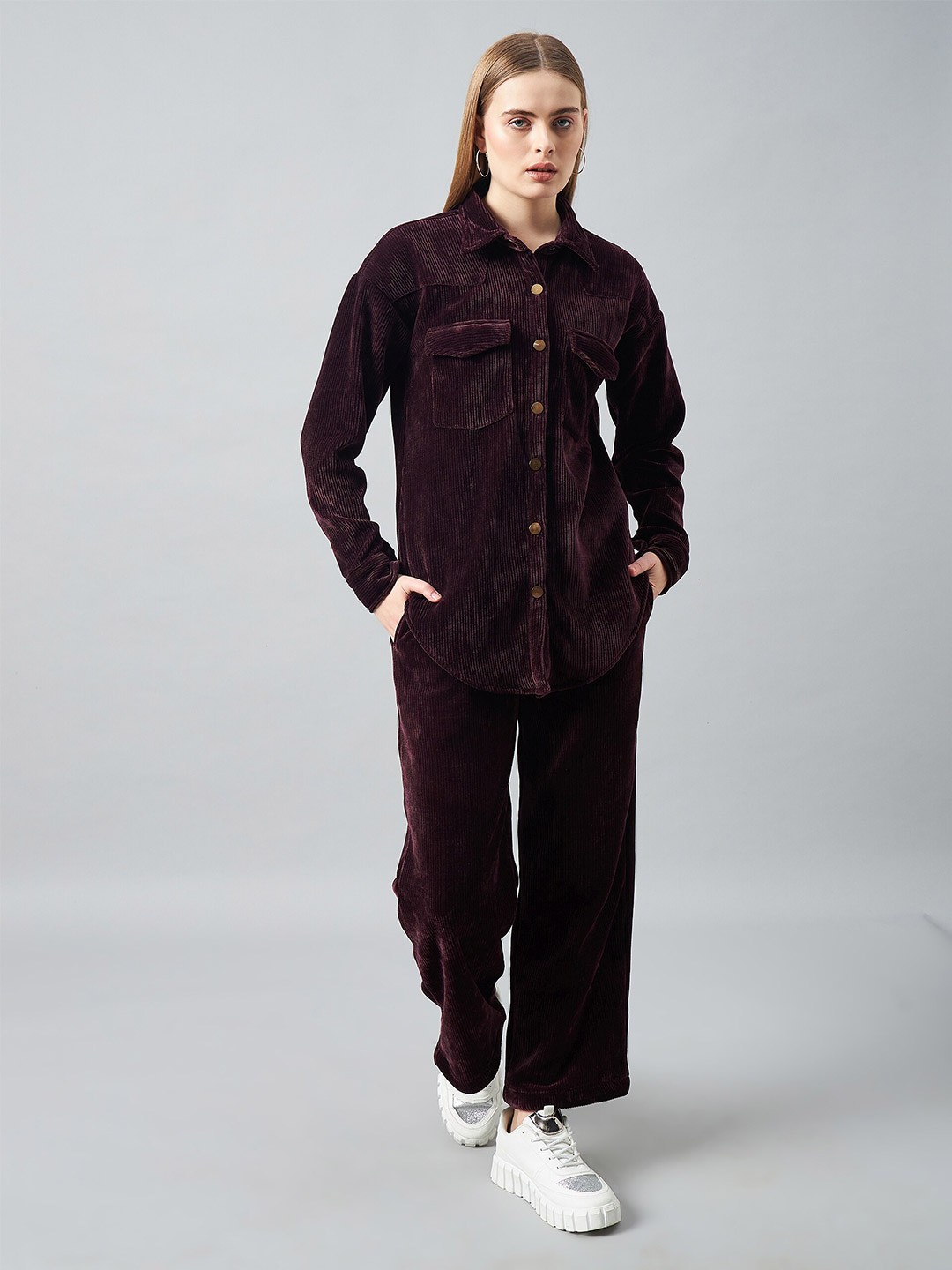 

DELAN Long Sleeves Corduroy Shirt With Straight-Fit Trousers, Maroon