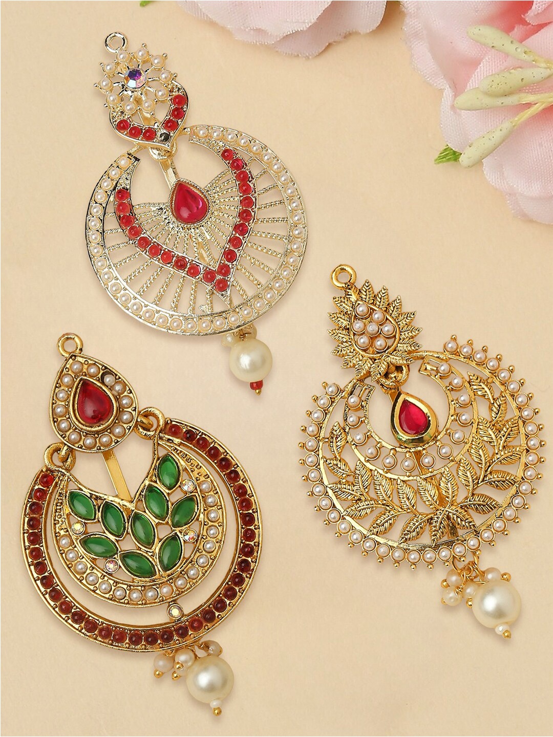 

OOMPH Set Of 3 Kundan Studded & Beads Beaded Hair Bun Pin, Gold