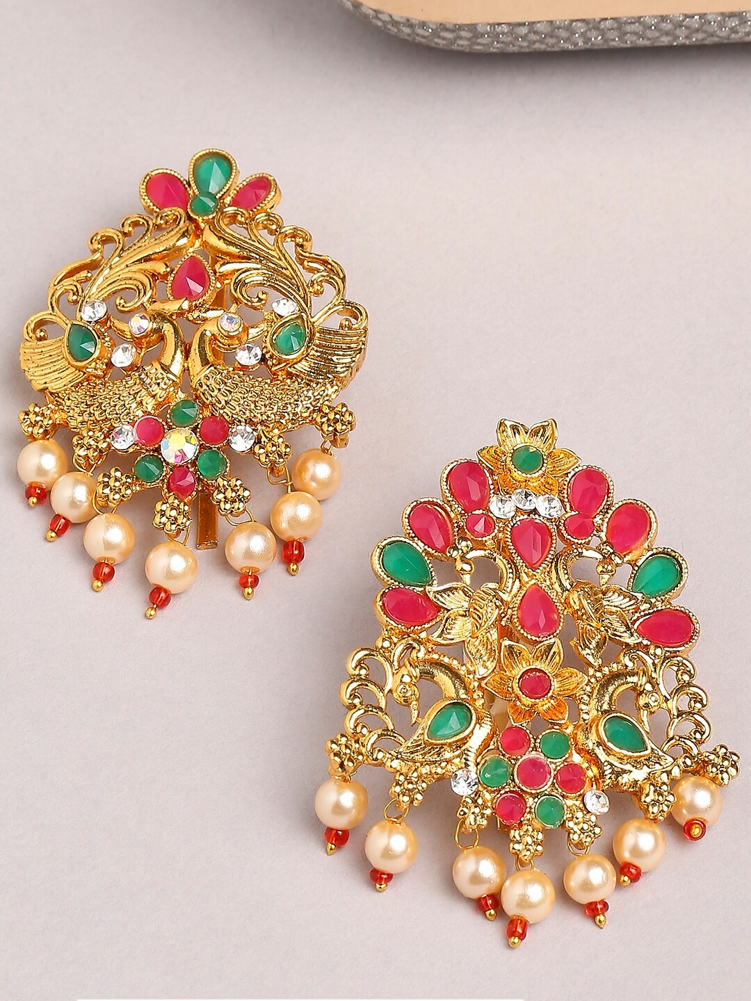 

OOMPH Set Of 2 Peacock Shaped Stone Studded & Beads Beaded Hair Bun Pin, Gold