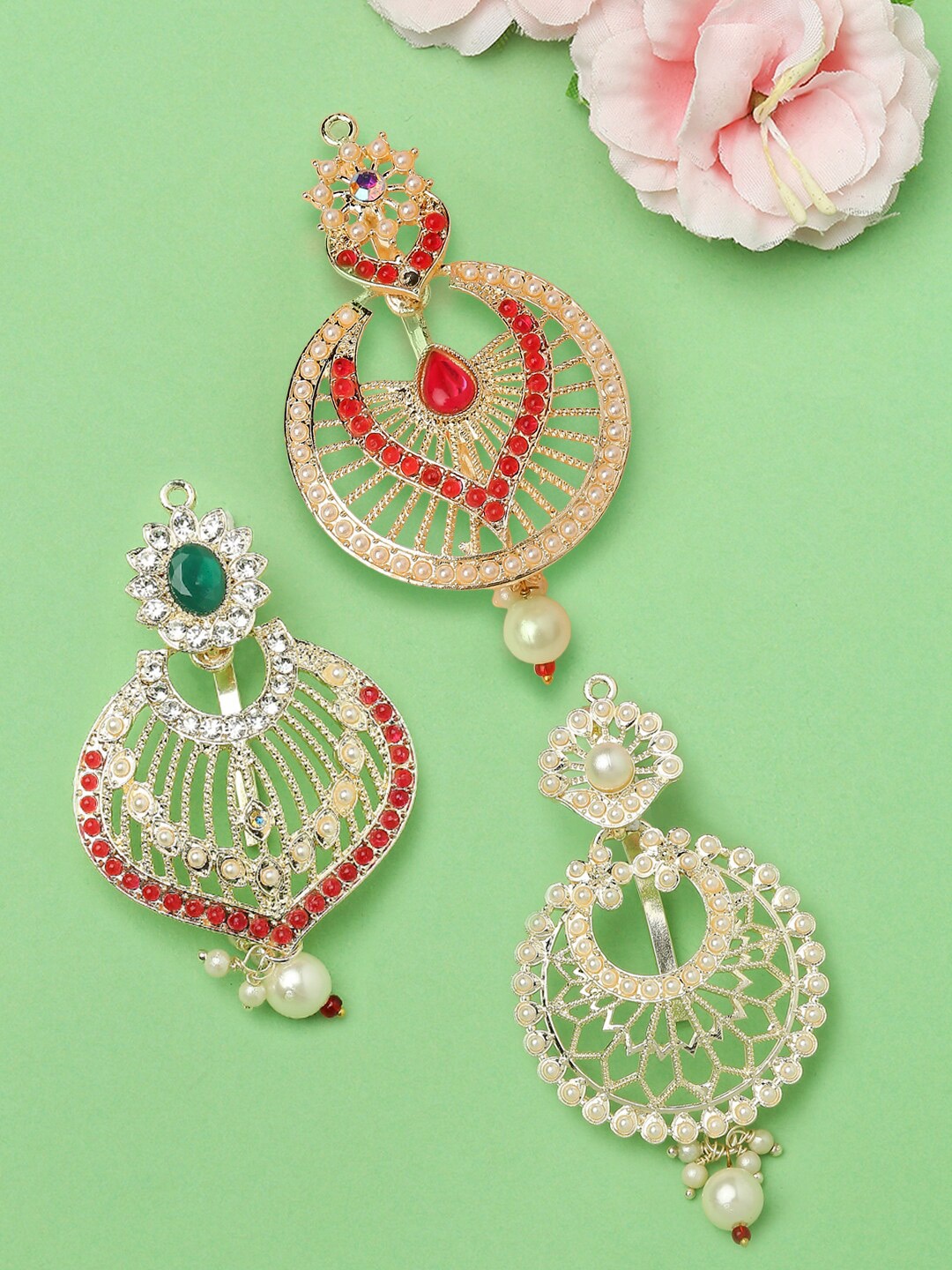 

OOMPH Set Of 3 Stone-Studded & Beaded Hair Bun Pins, Gold