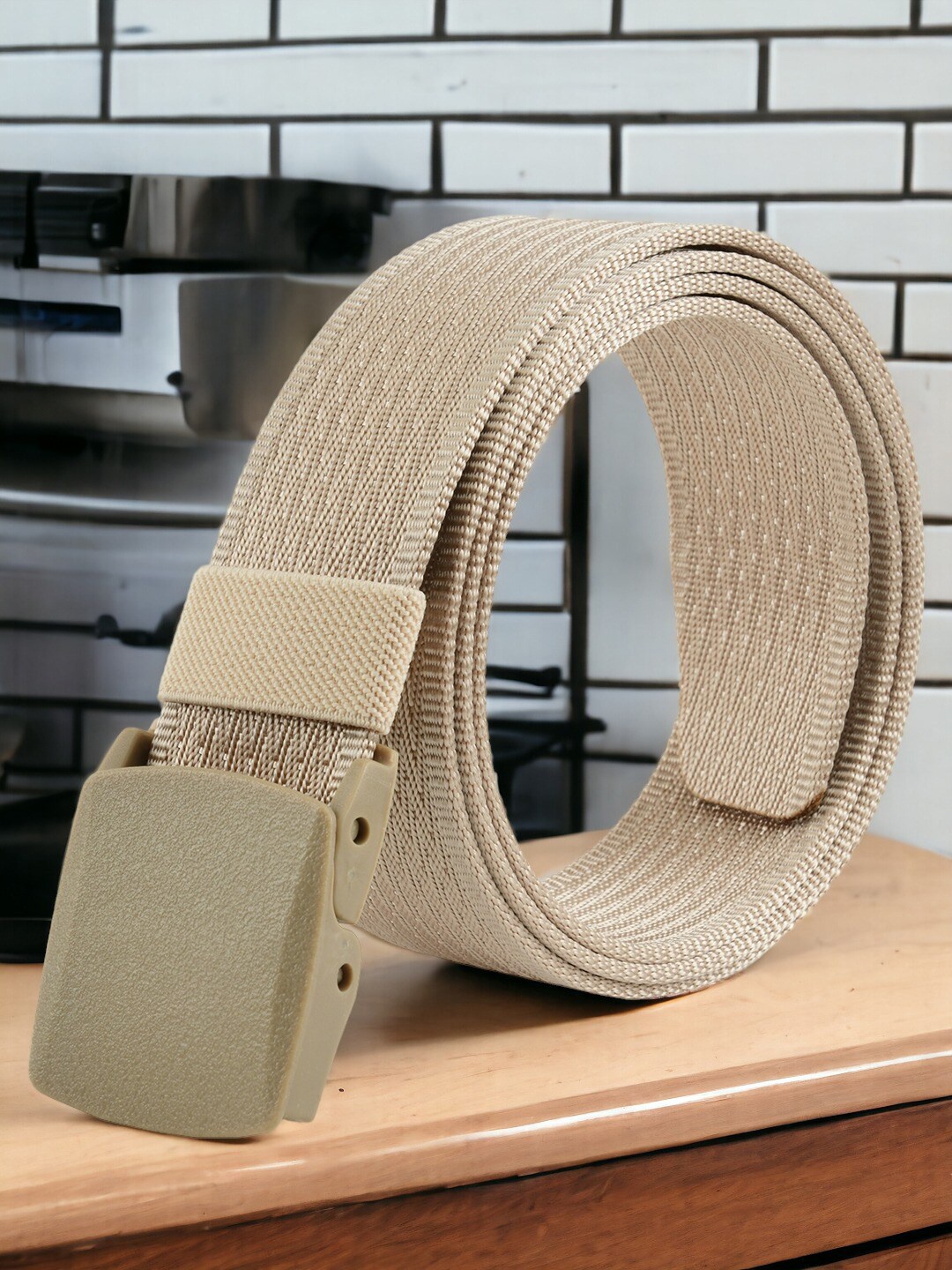 

Kastner Men Woven Design Slider Buckle Belt, Beige