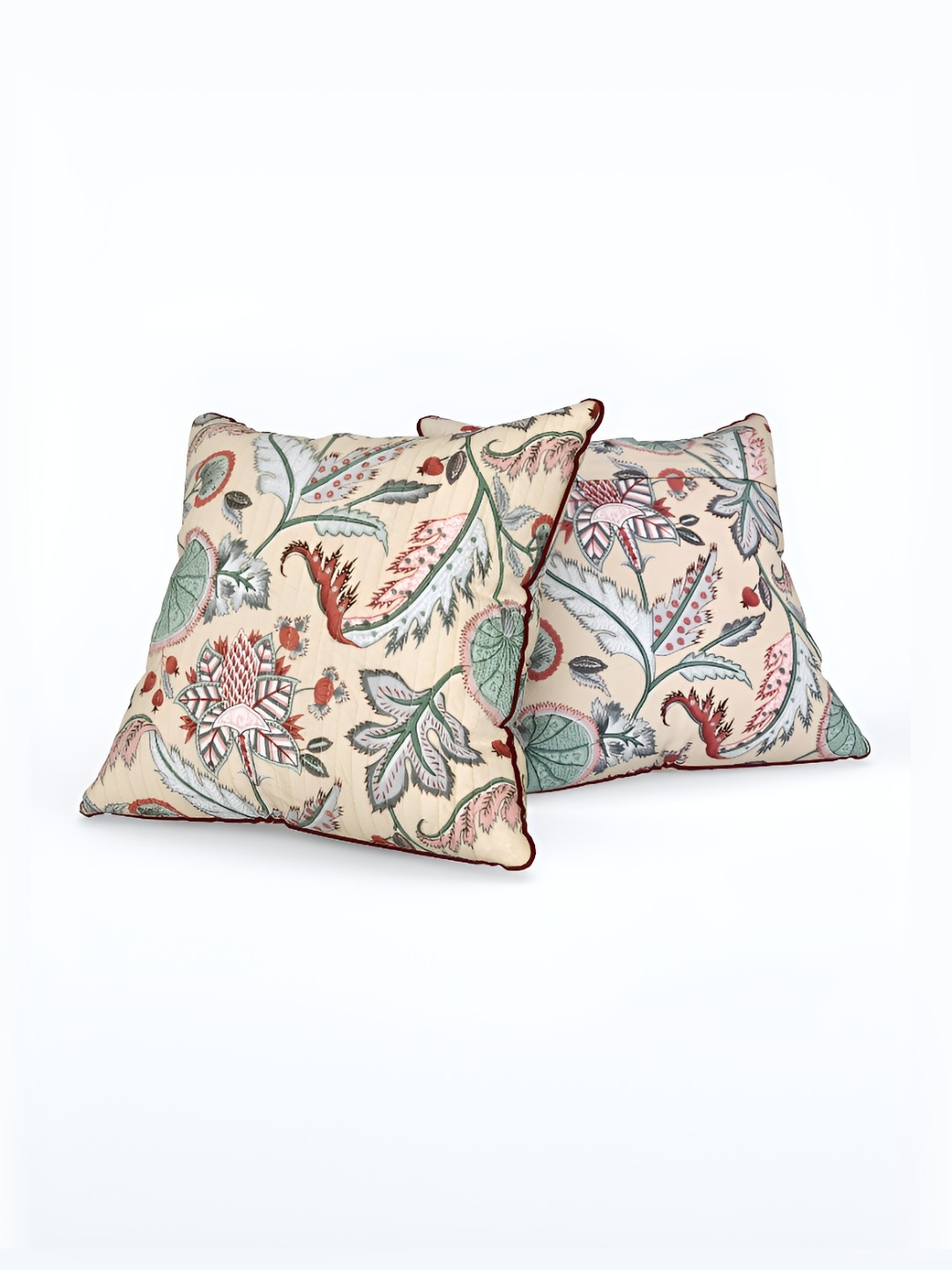 

Jinaya's Anokhi Cream & Green 2 Pieces Floral Cotton Square Cushion Covers