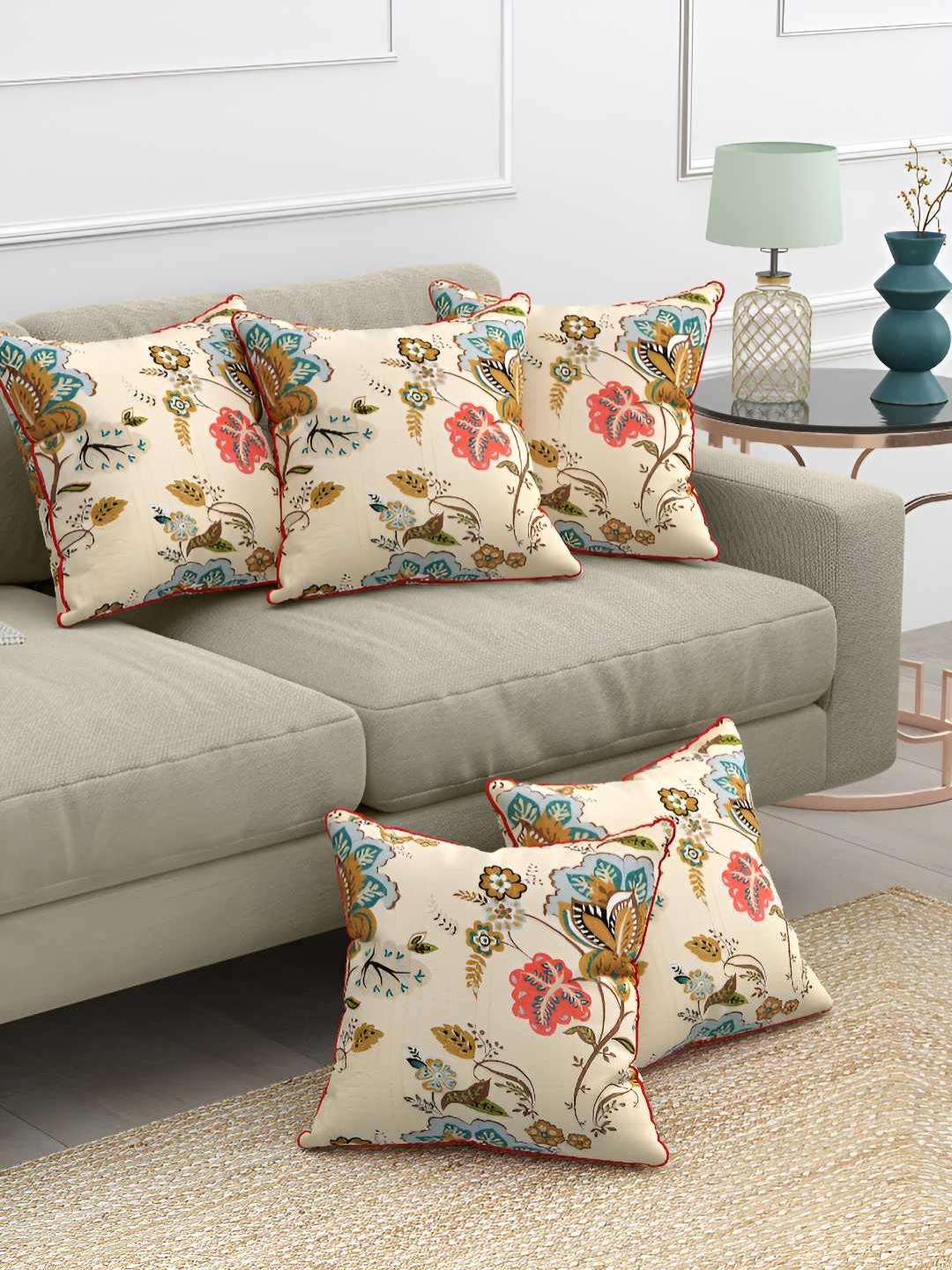 

Jinaya's Anokhi Cream & Brown 5 Pieces Floral Cotton Square Cushion Covers, Coral