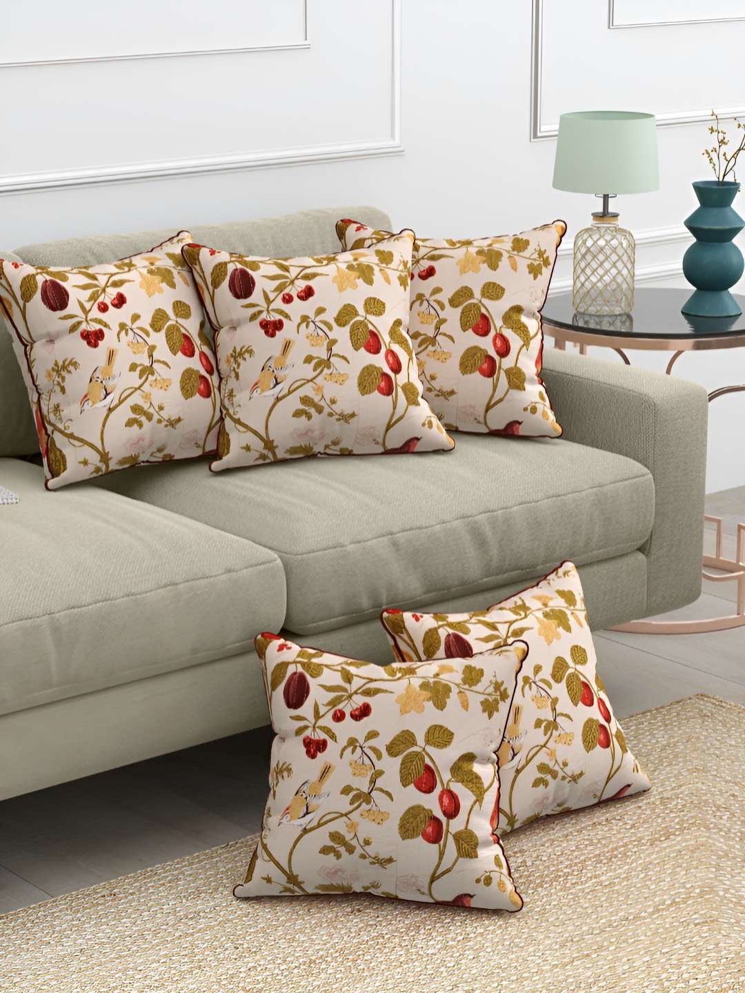 

Jinaya's Anokhi Cream & Green 5 Pieces Floral Cotton Square Cushion Covers