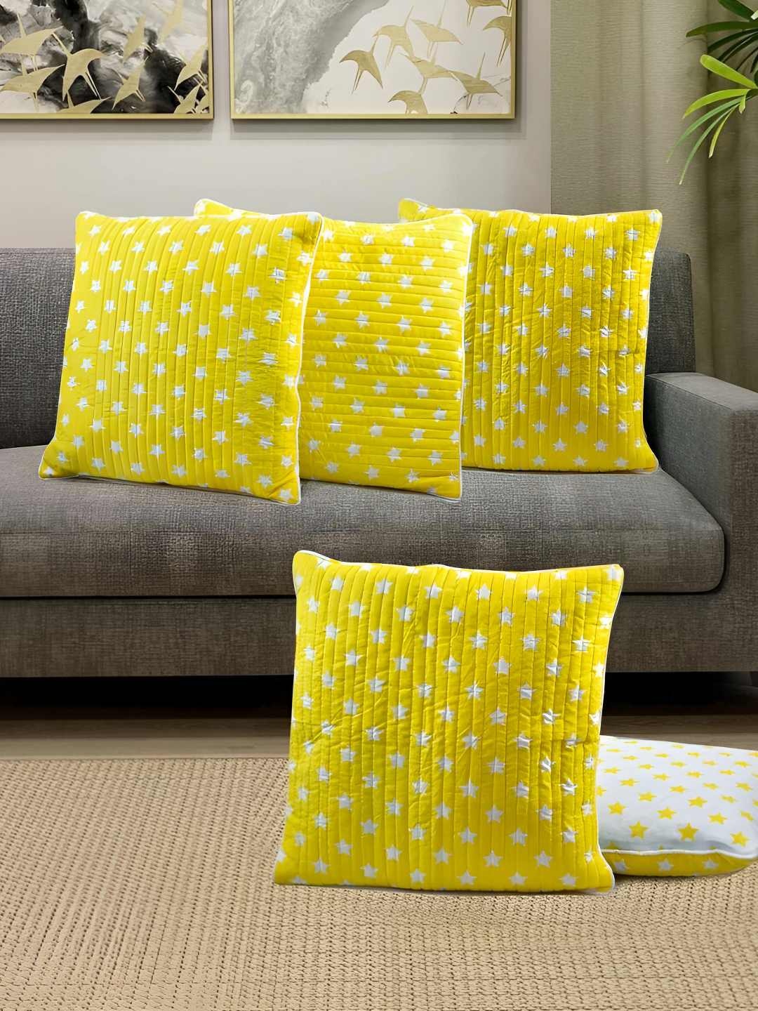

Jinaya's Yellow & White 5 Pieces Printed Square Cushion Covers