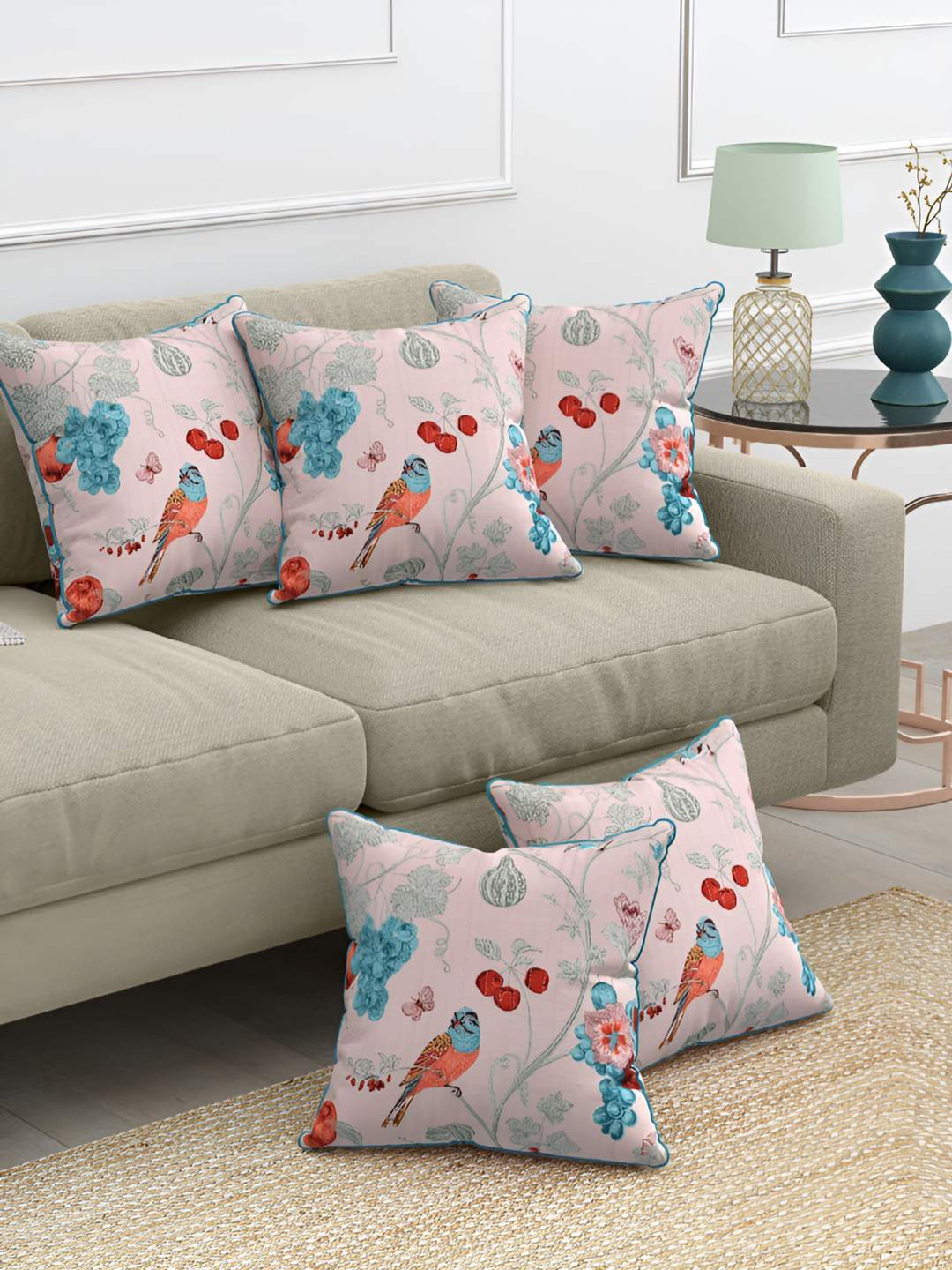 

Jinaya's Pink & Blue 5 Pieces Floral Cotton Square Cushion Covers