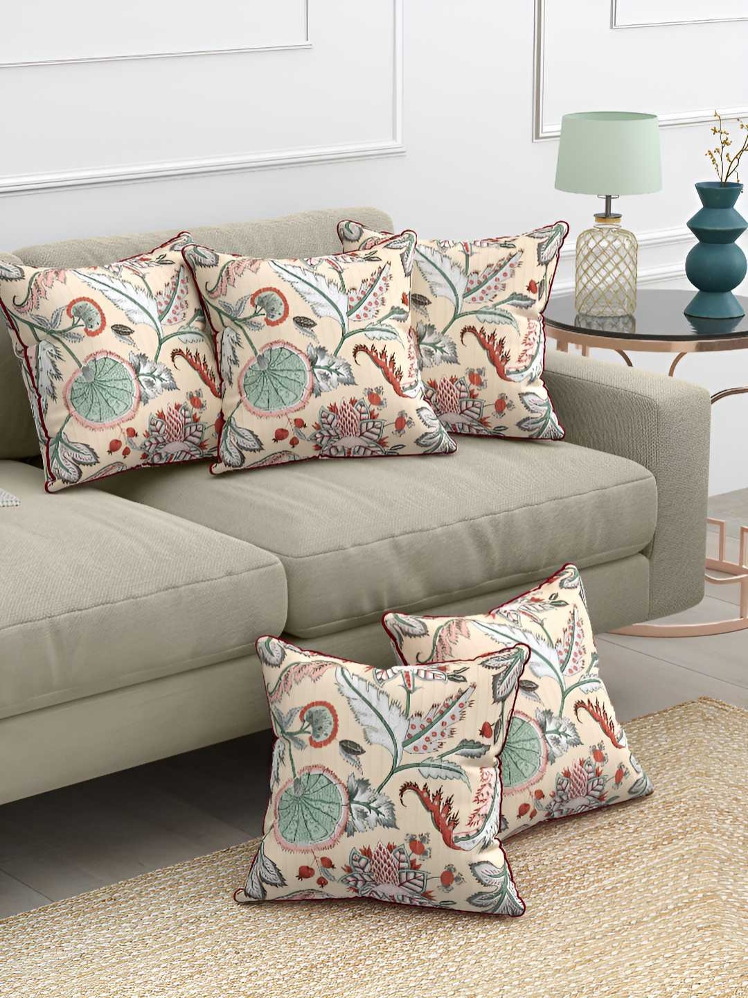 

Jinaya's Green 5 Pieces Floral Square Cushion Covers