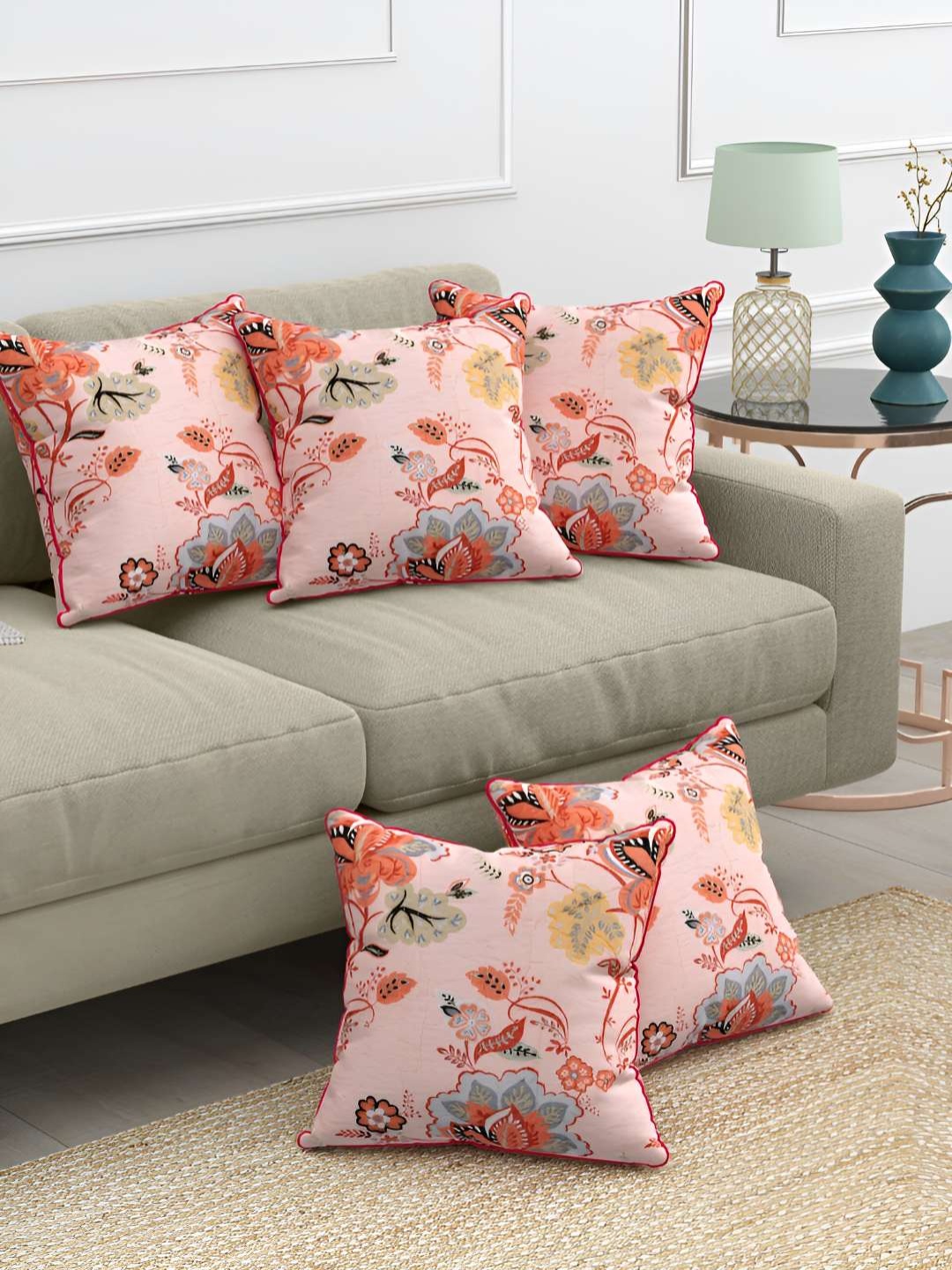 

Jinaya's Orange 5 Pieces Floral Square Cushion Covers