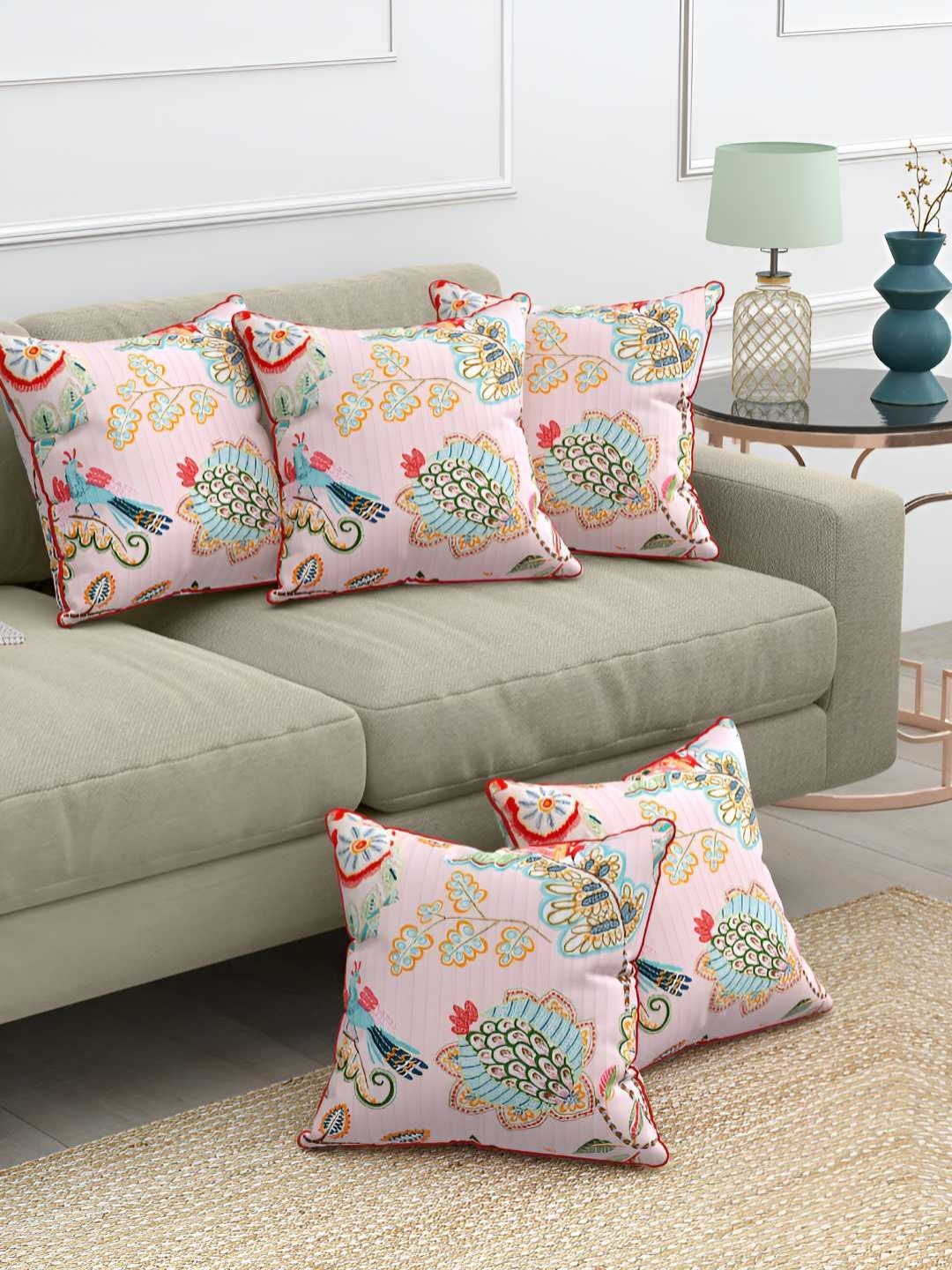 

Jinaya's Pink 5 Pieces Floral Square Cushion Covers