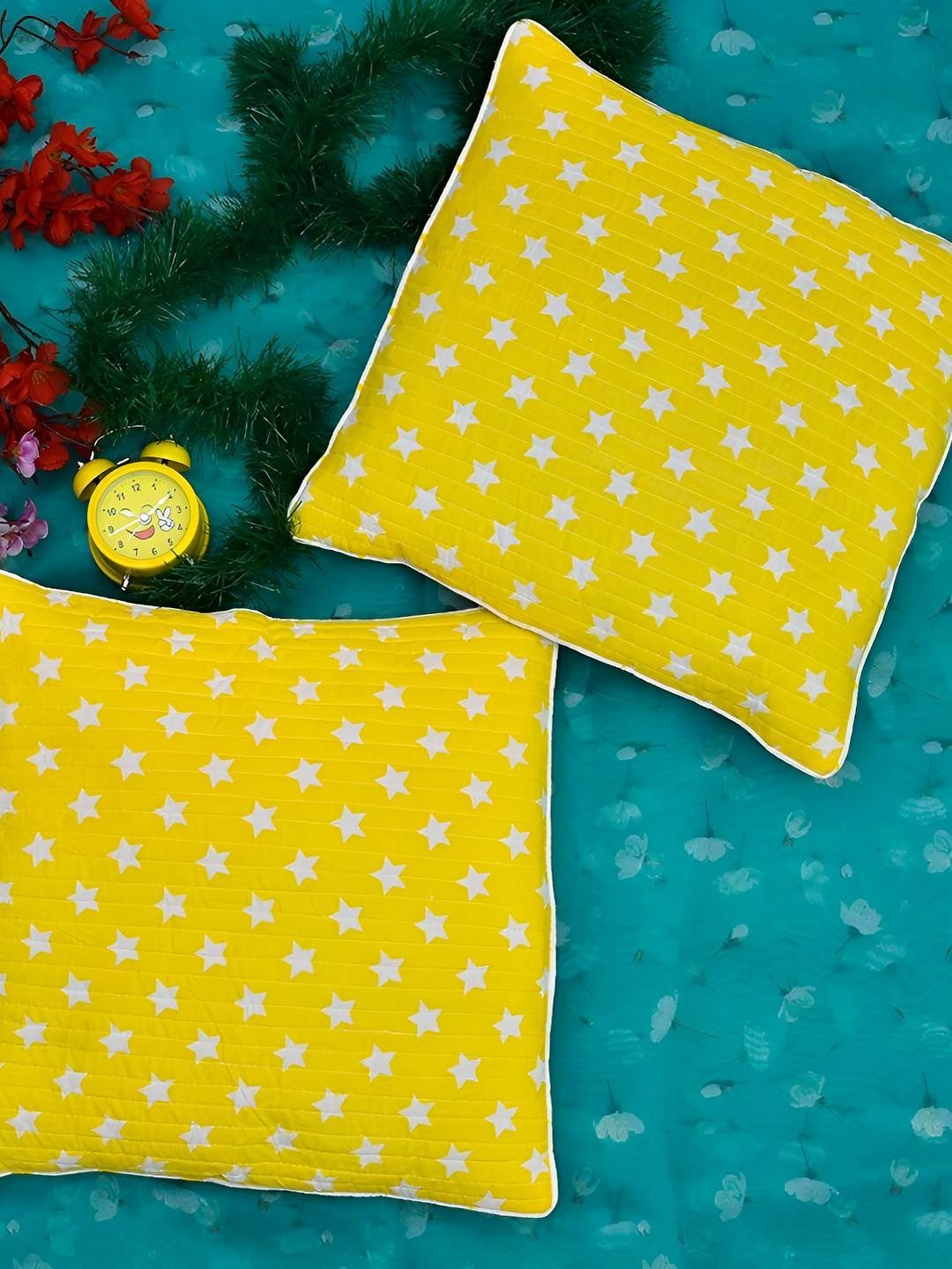 

Jinaya's Yellow & White 2 Pieces Star Printed Pure Cotton Square Cushion Covers