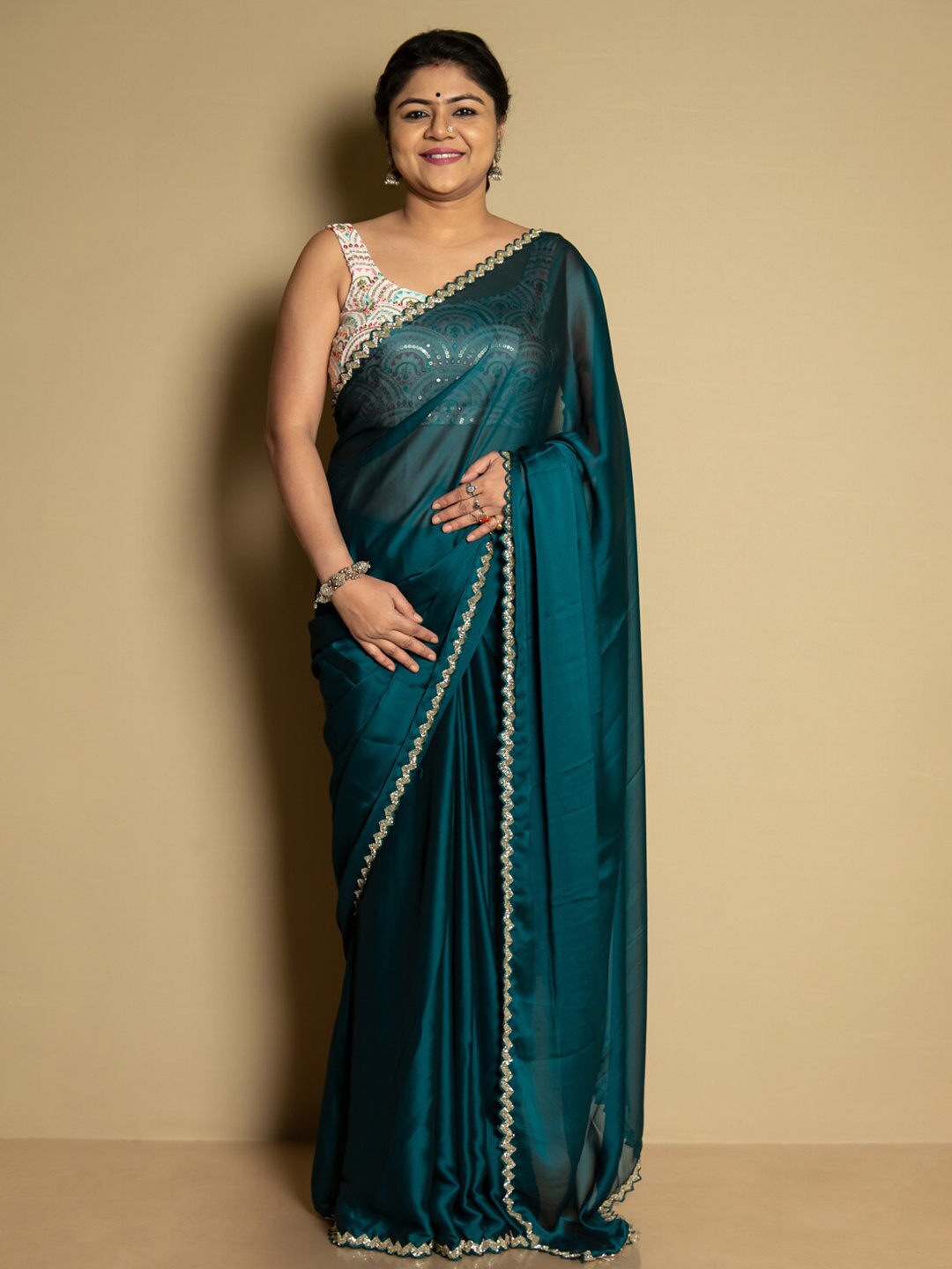 

SARIKA Blue Embellished Zardozi Poly Chiffon Fusion Saree