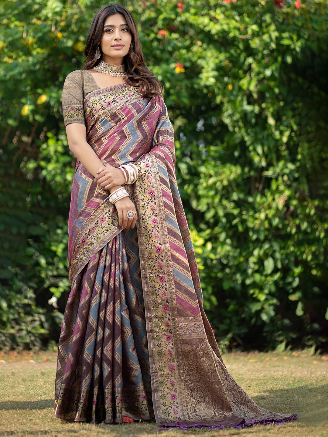 

GAJARAI Leheriya Zari Organza Banarasi Saree, Purple